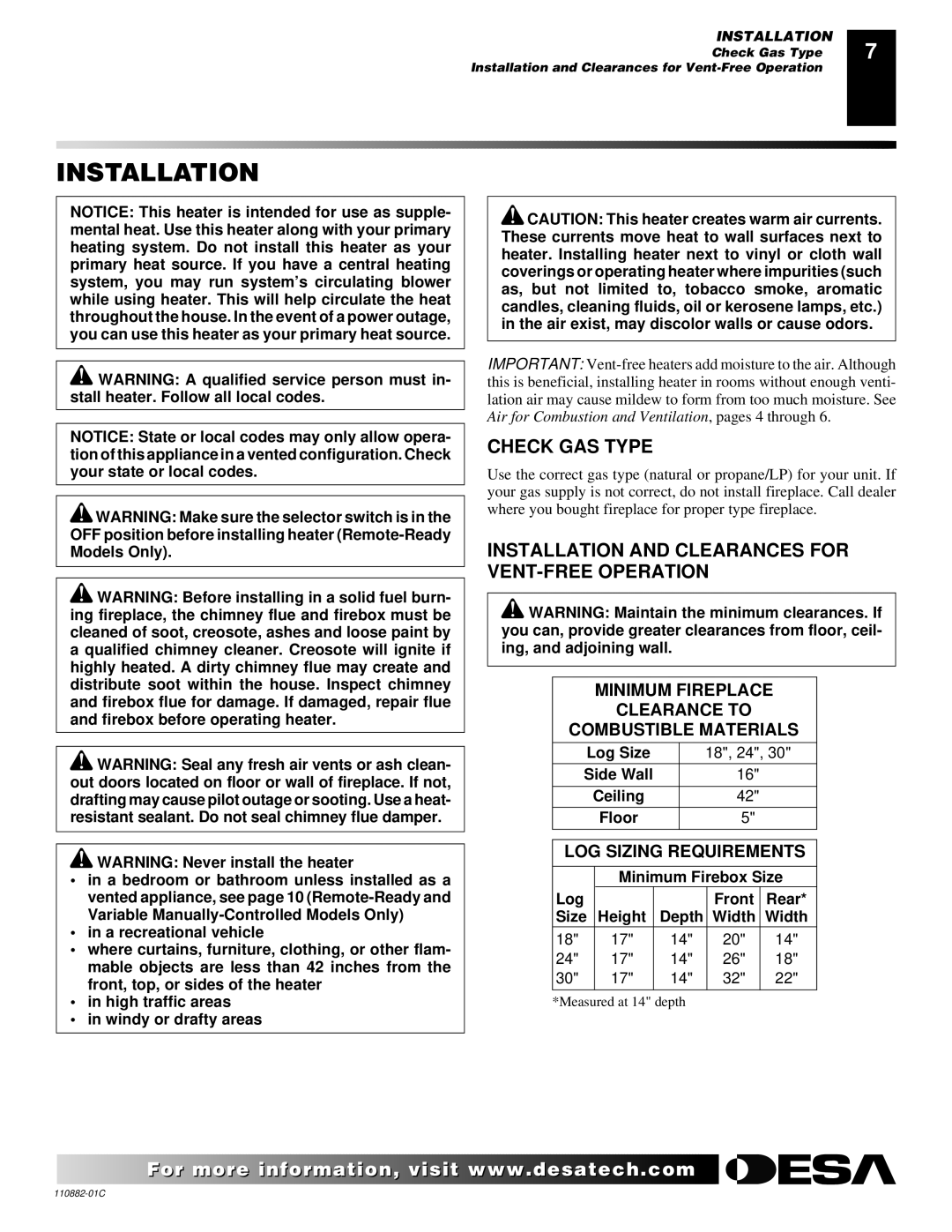 Desa R, V, T, 30 installation manual Check GAS Type, Installation and Clearances for VENT-FREE Operation 