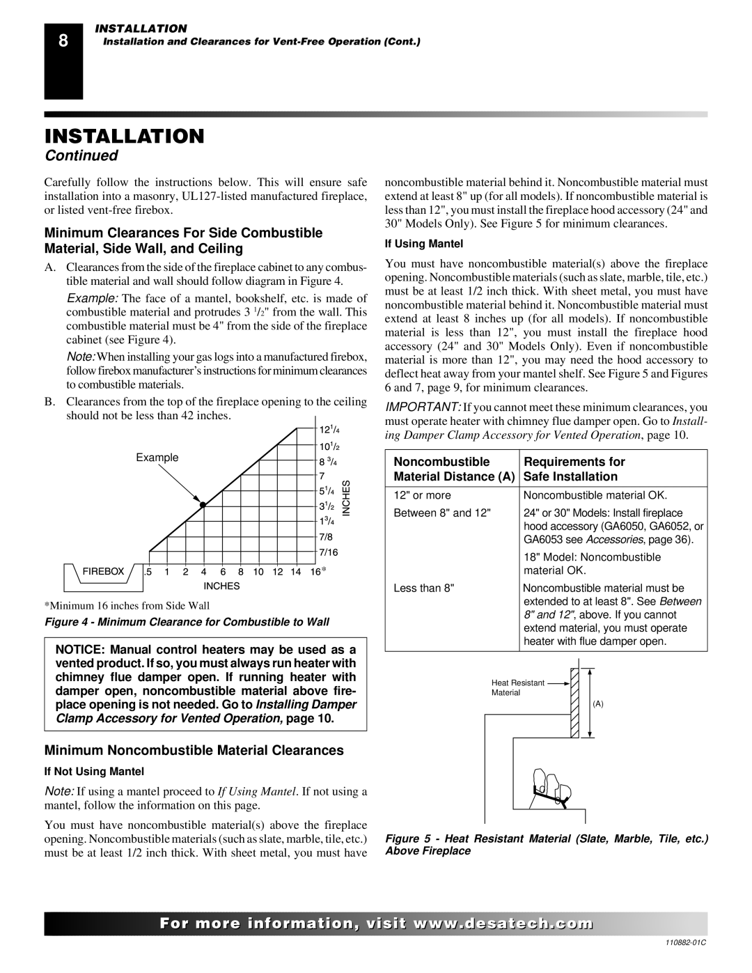 Desa 30, R, V, T installation manual Minimum Noncombustible Material Clearances, If Not Using Mantel 