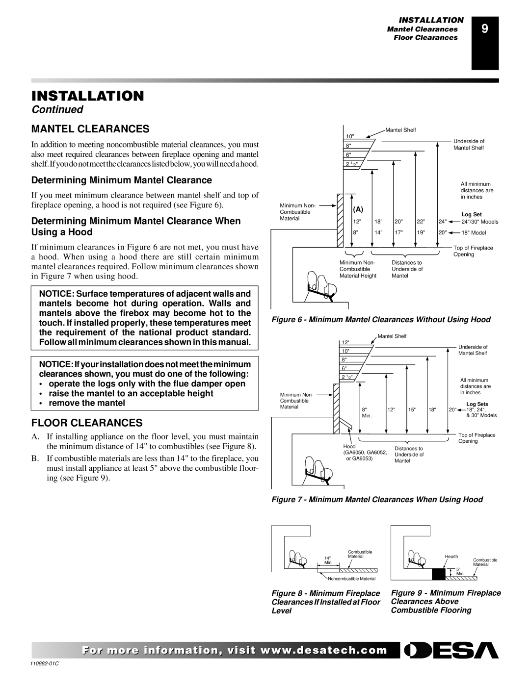 Desa R, V, T, 30 installation manual Mantel Clearances, Floor Clearances, Determining Minimum Mantel Clearance 