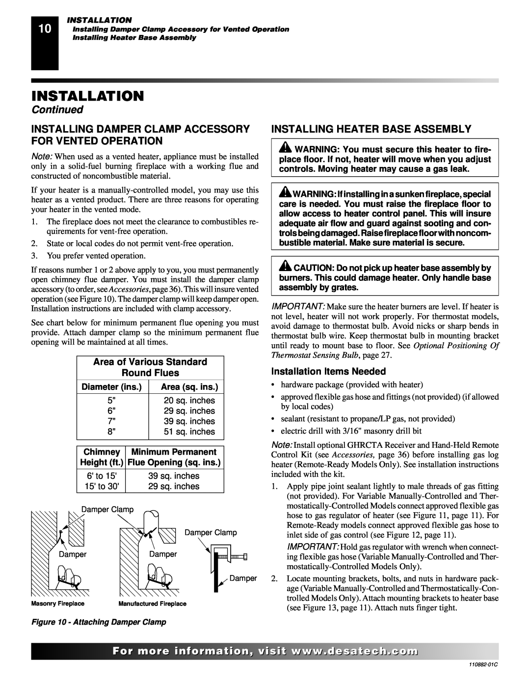 Desa 30, R, V, T installation manual Continued, Area of Various Standard Round Flues, Installation Items Needed 