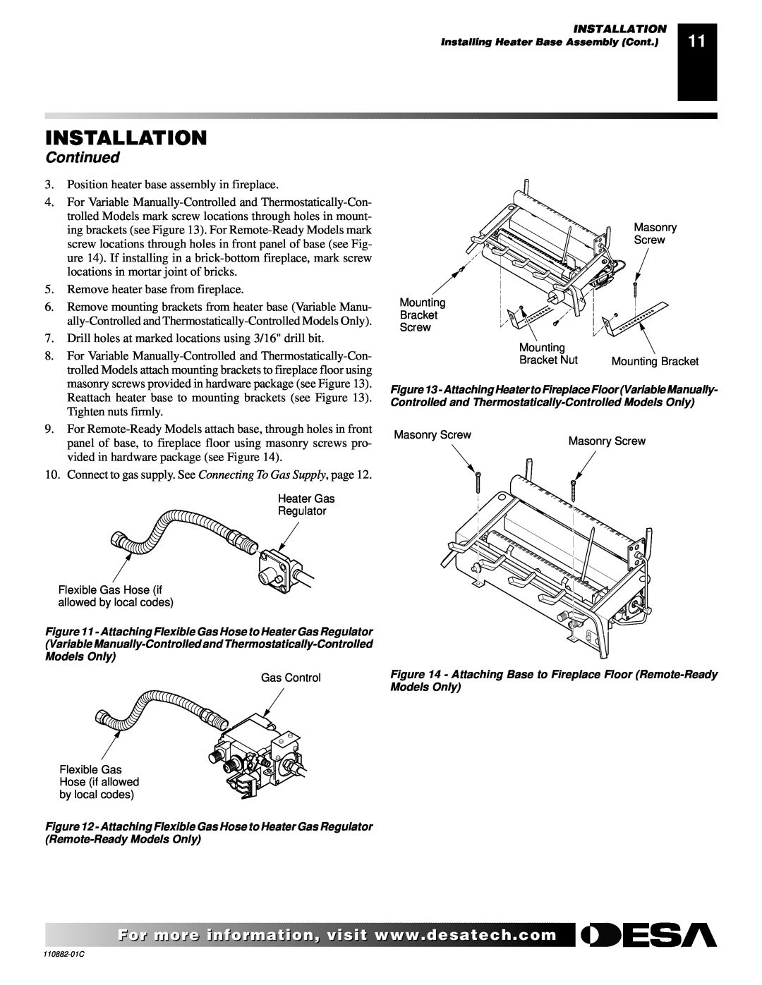 Desa R, V, T, 30 installation manual Installation, Continued, Position heater base assembly in fireplace 