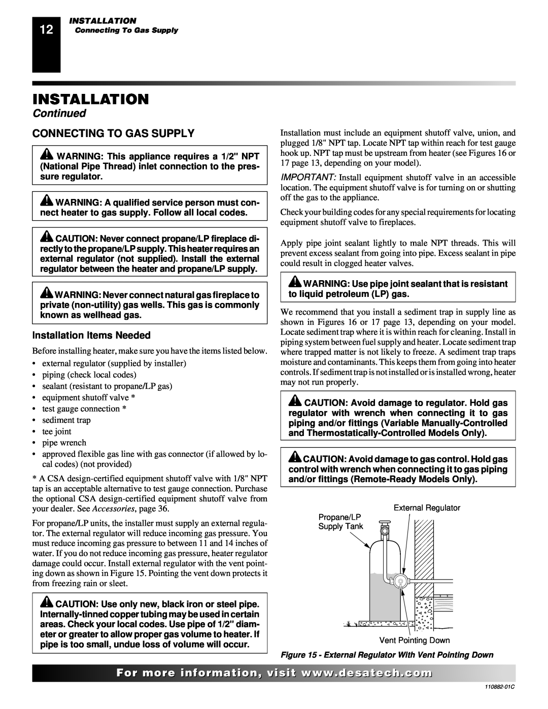 Desa 30, R, V, T installation manual Continued, Connecting To Gas Supply, Installation Items Needed 