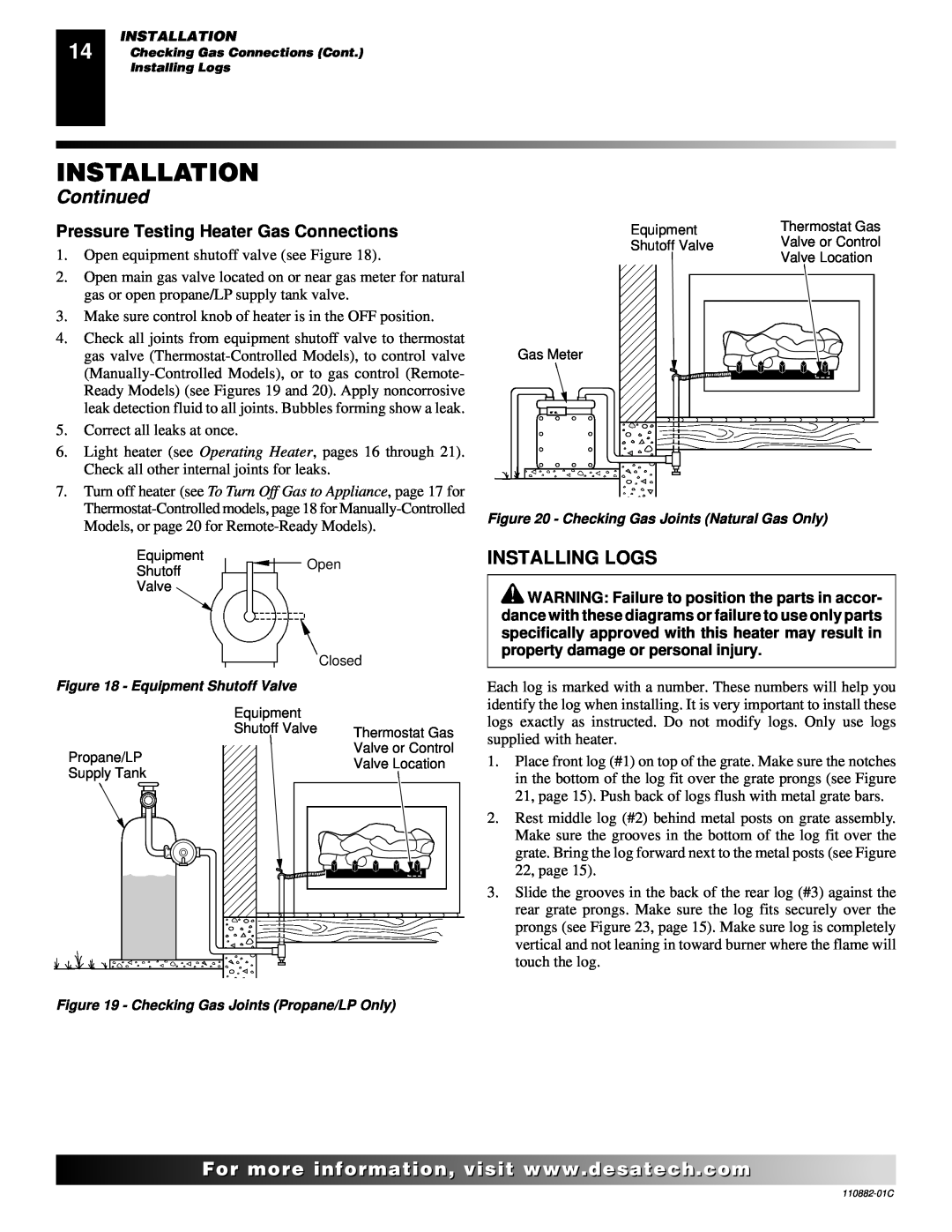 Desa 30, R, V, T installation manual Installation, Continued, Installing Logs, Pressure Testing Heater Gas Connections 