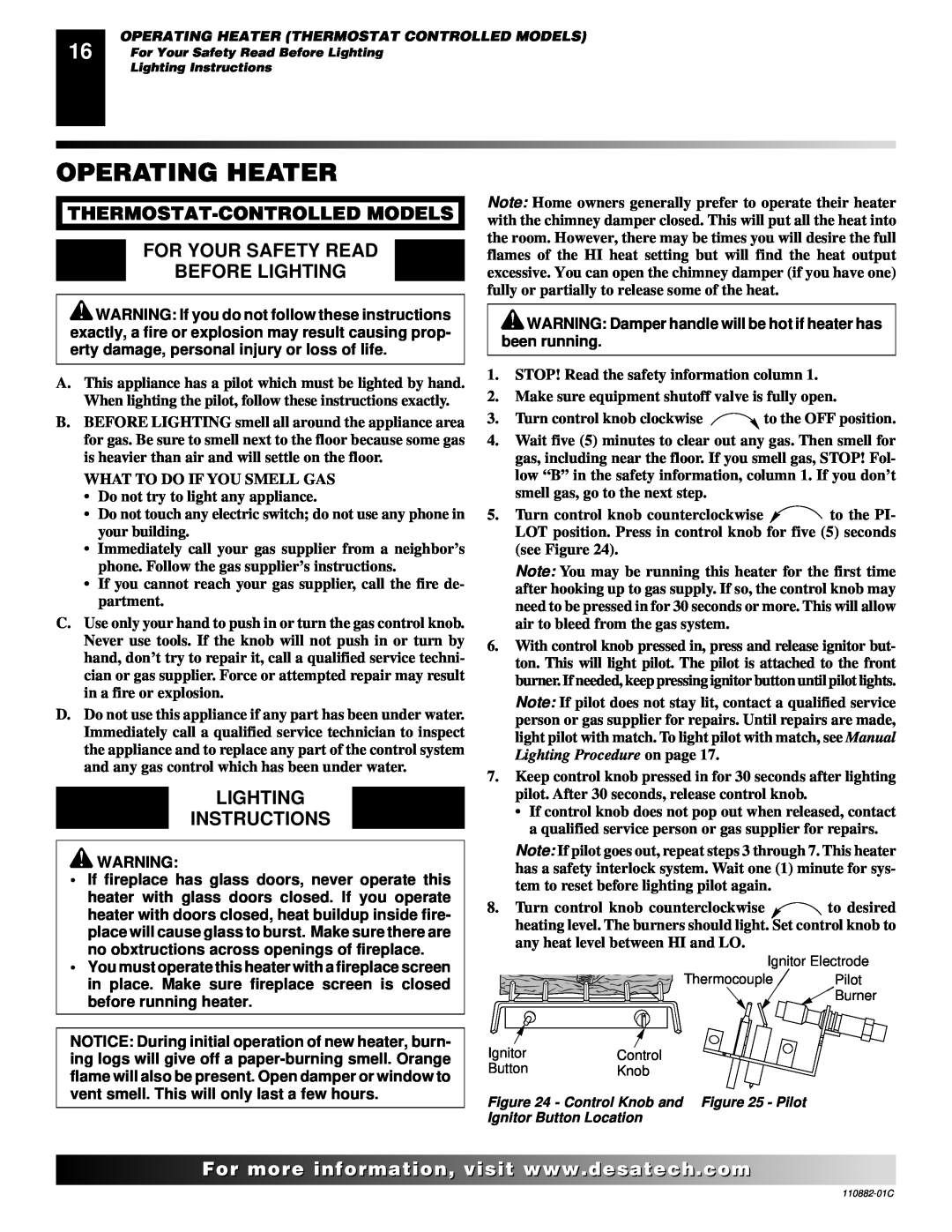 Desa 30 Operating Heater, Thermostat-Controlledmodels For Your Safety Read, Before Lighting, Lighting Instructions 