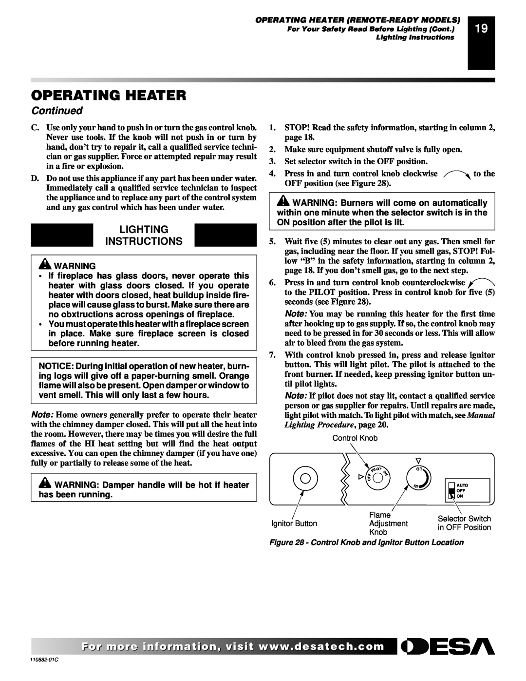Desa R, V, T, 30 installation manual Operating Heater, Continued, Make sure equipment shutoff valve is fully open 