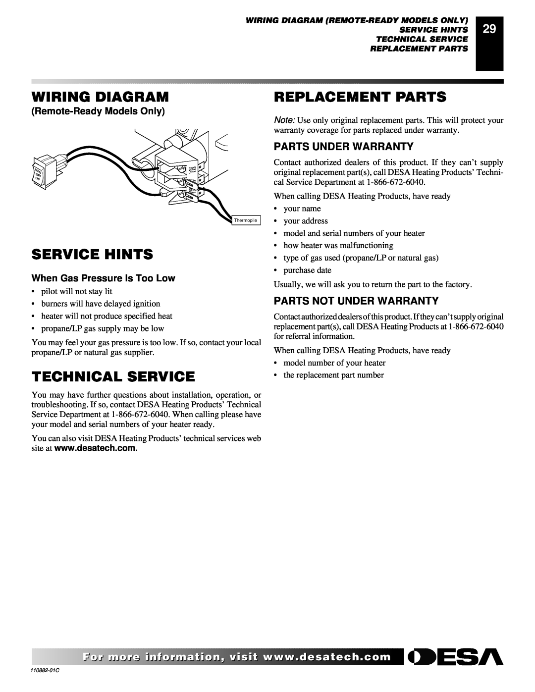 Desa R, V, T, 30 Wiring Diagram, Replacement Parts, Service Hints, Technical Service, Remote-ReadyModels Only 