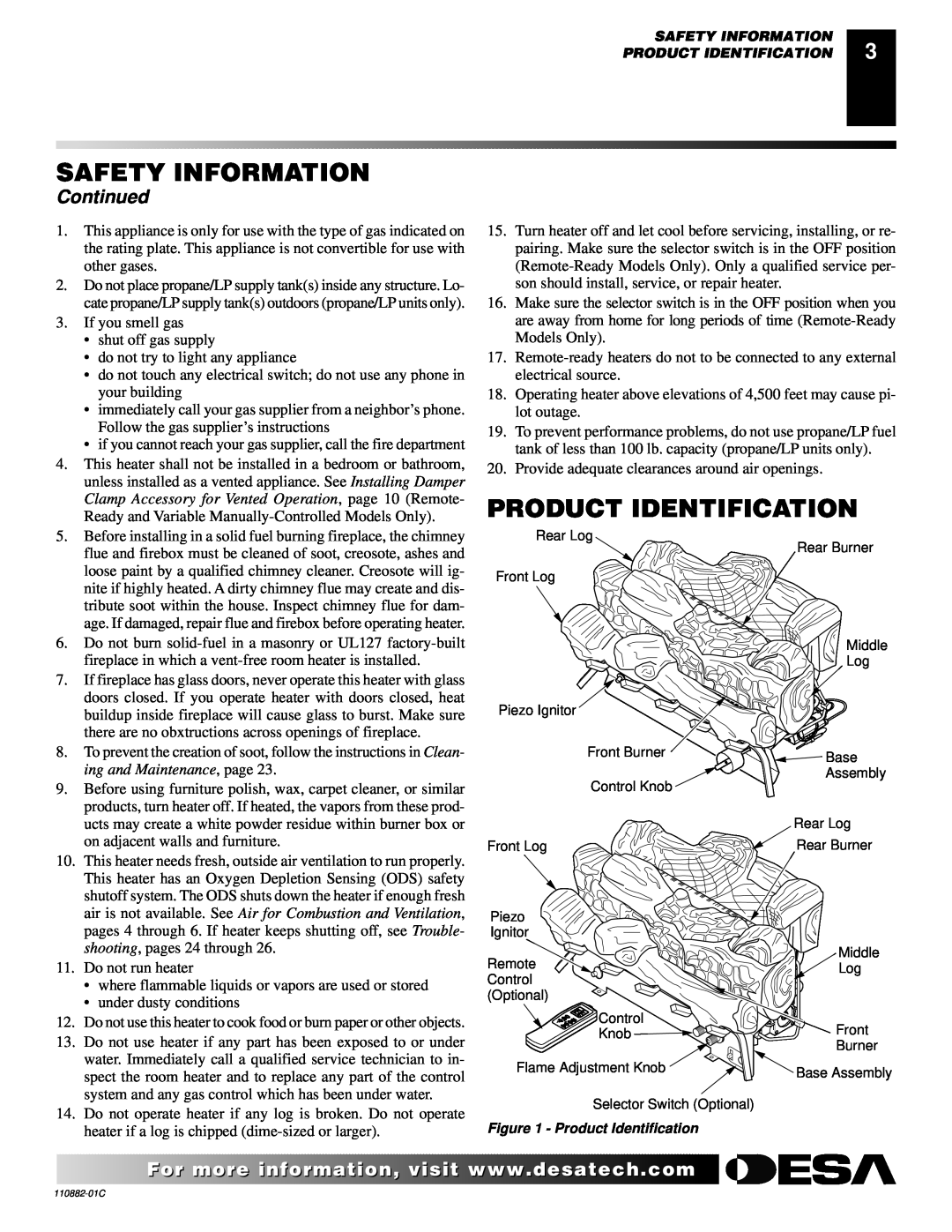 Desa R, V, T, 30 installation manual Product Identification, Continued, Safety Information 