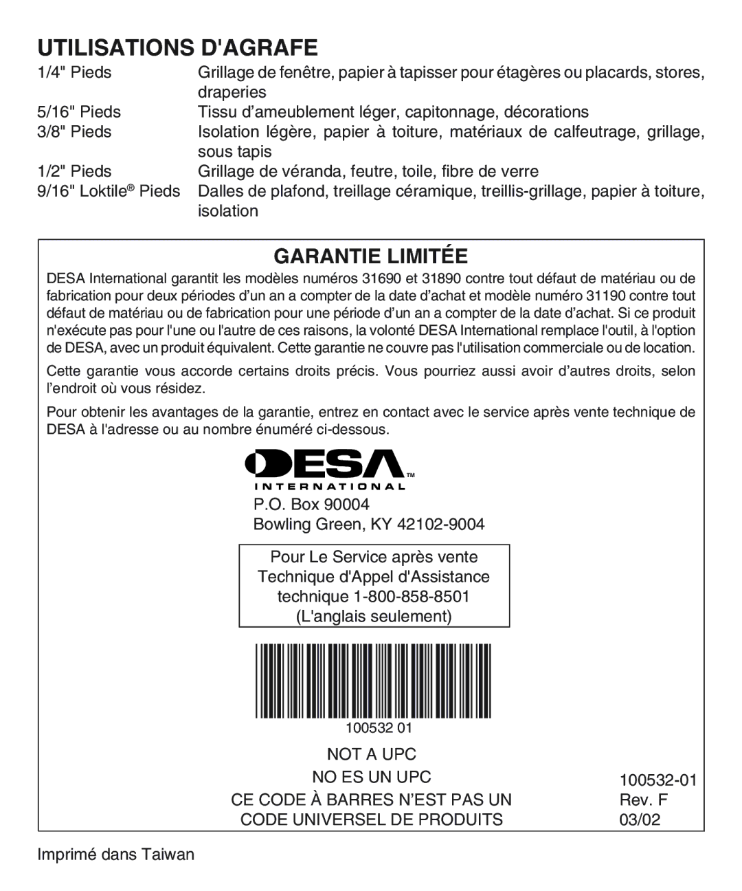 Desa 31190, 31690, 31890 operating instructions Utilisations Dagrafe, Garantie Limitée 