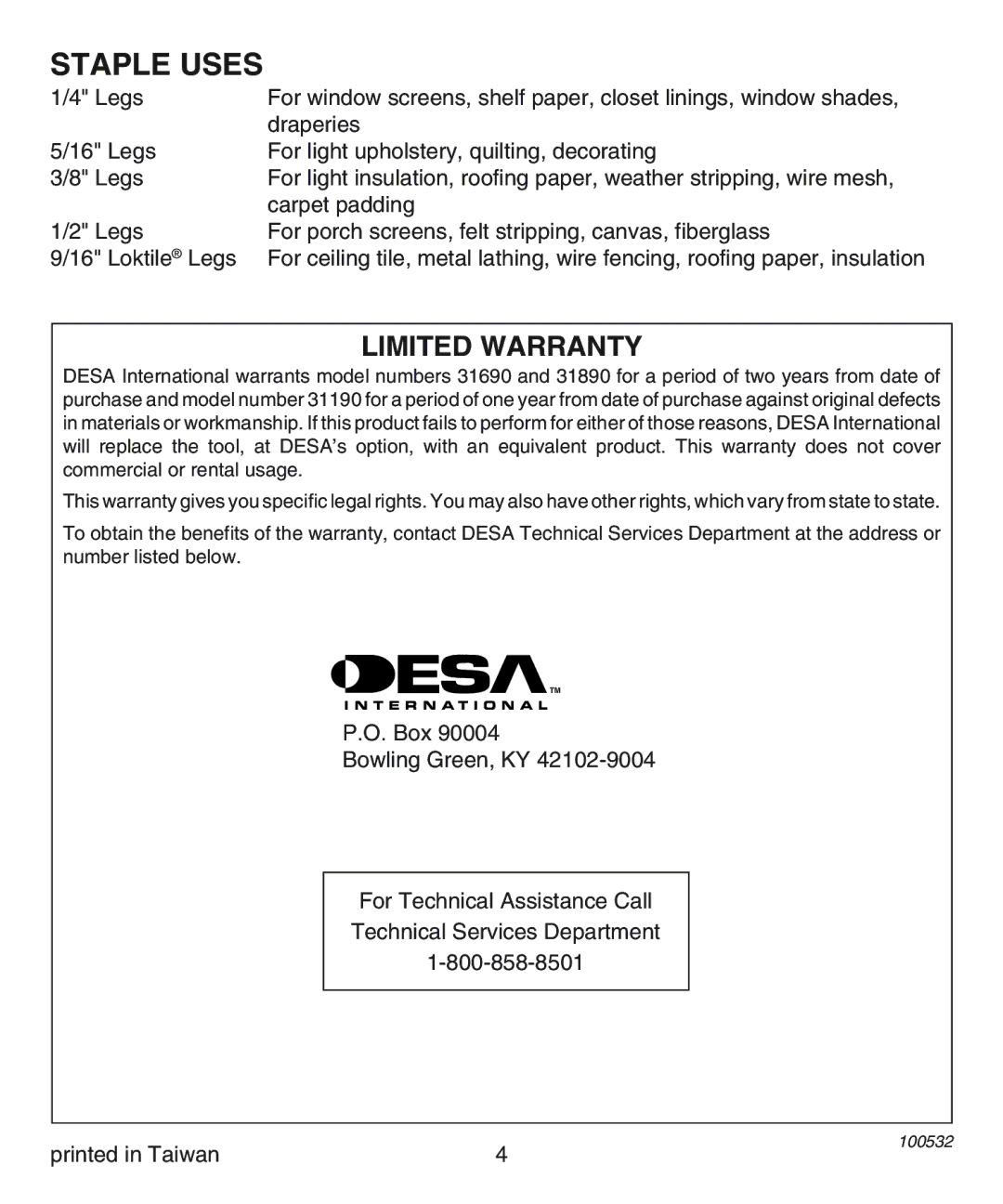 Desa 31690, 31190, 31890 operating instructions Staple Uses, Limited Warranty 