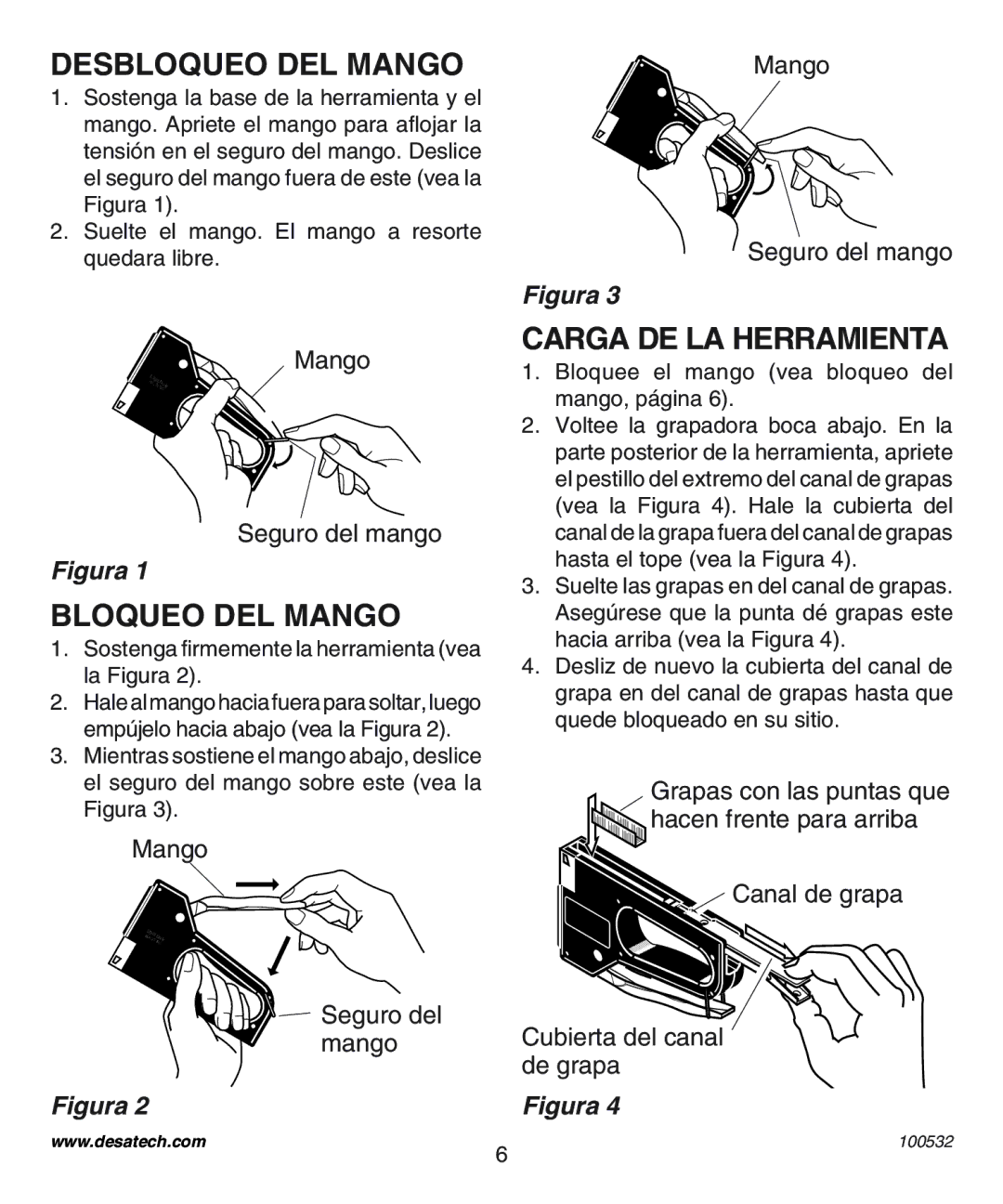 Desa 31190, 31690, 31890 operating instructions Desbloqueo DEL Mango, Bloqueo DEL Mango, Carga DE LA Herramienta 