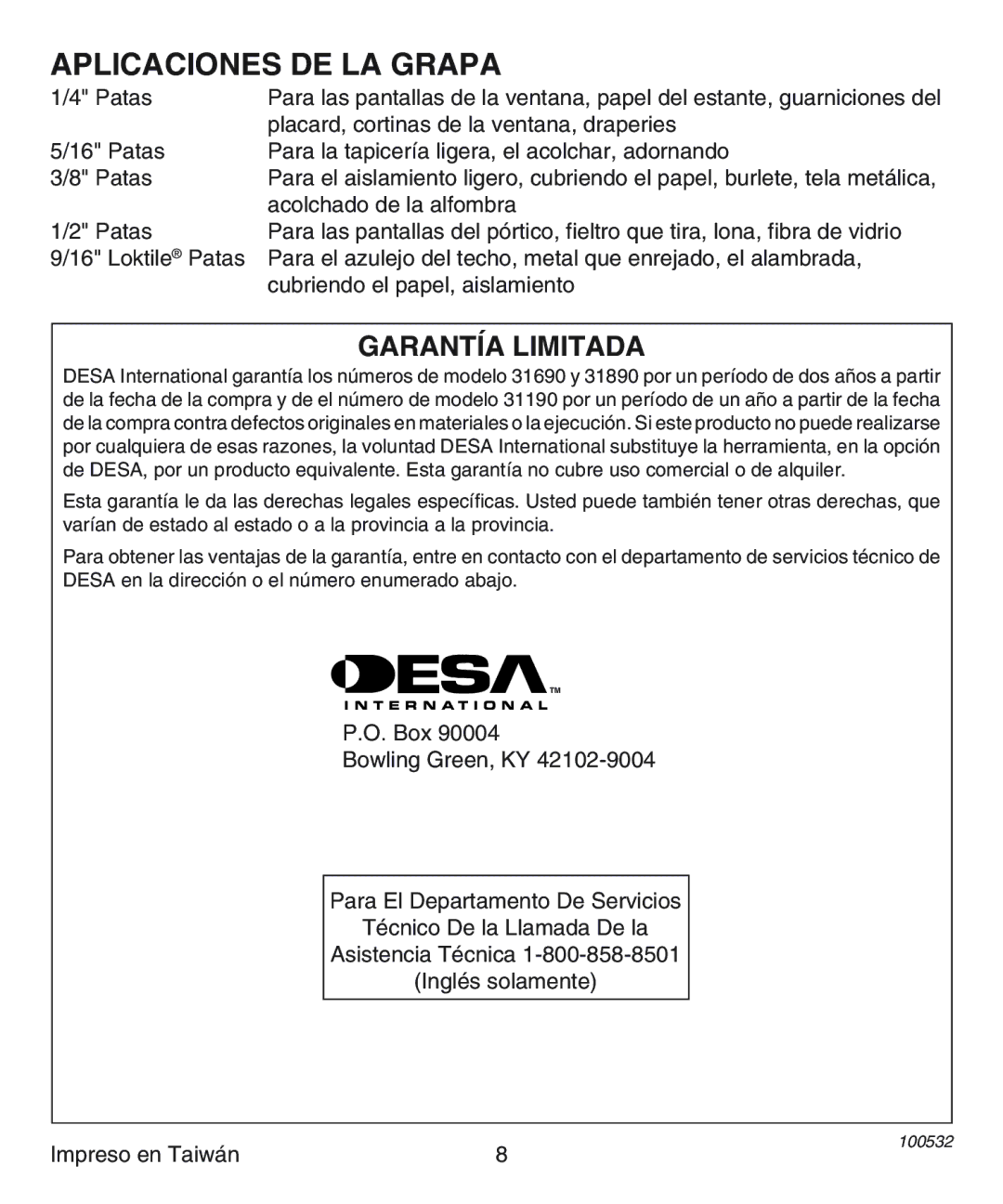 Desa 31890, 31190, 31690 operating instructions Aplicaciones DE LA Grapa, Garantía Limitada 