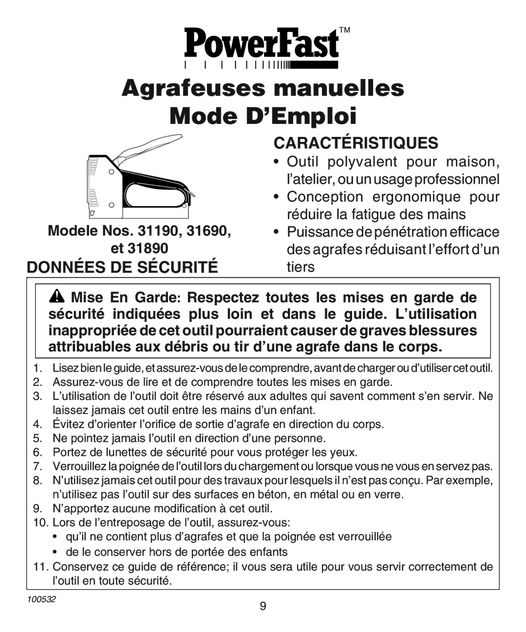 Desa 31190, 31690, 31890 operating instructions Agrafeuses manuelles Mode D’Emploi, Données DE Sécurité Caractéristiques 