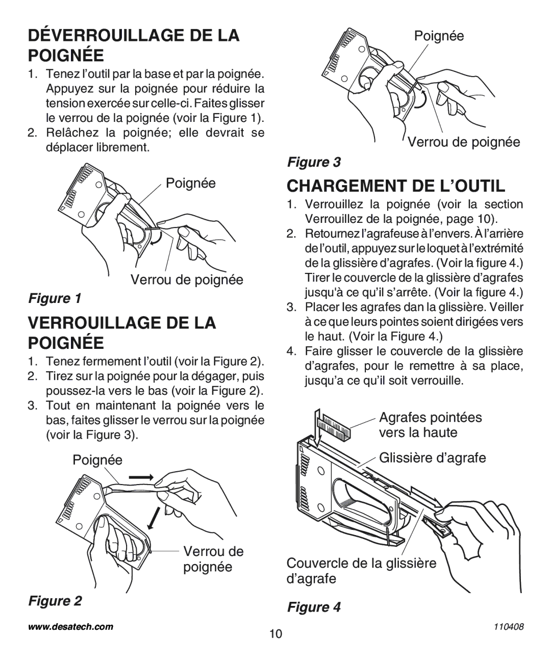 Desa 31400 operating instructions Déverrouillage DE LA Poignée, Verrouillage DE LA Poignée, Chargement DE L’OUTIL 