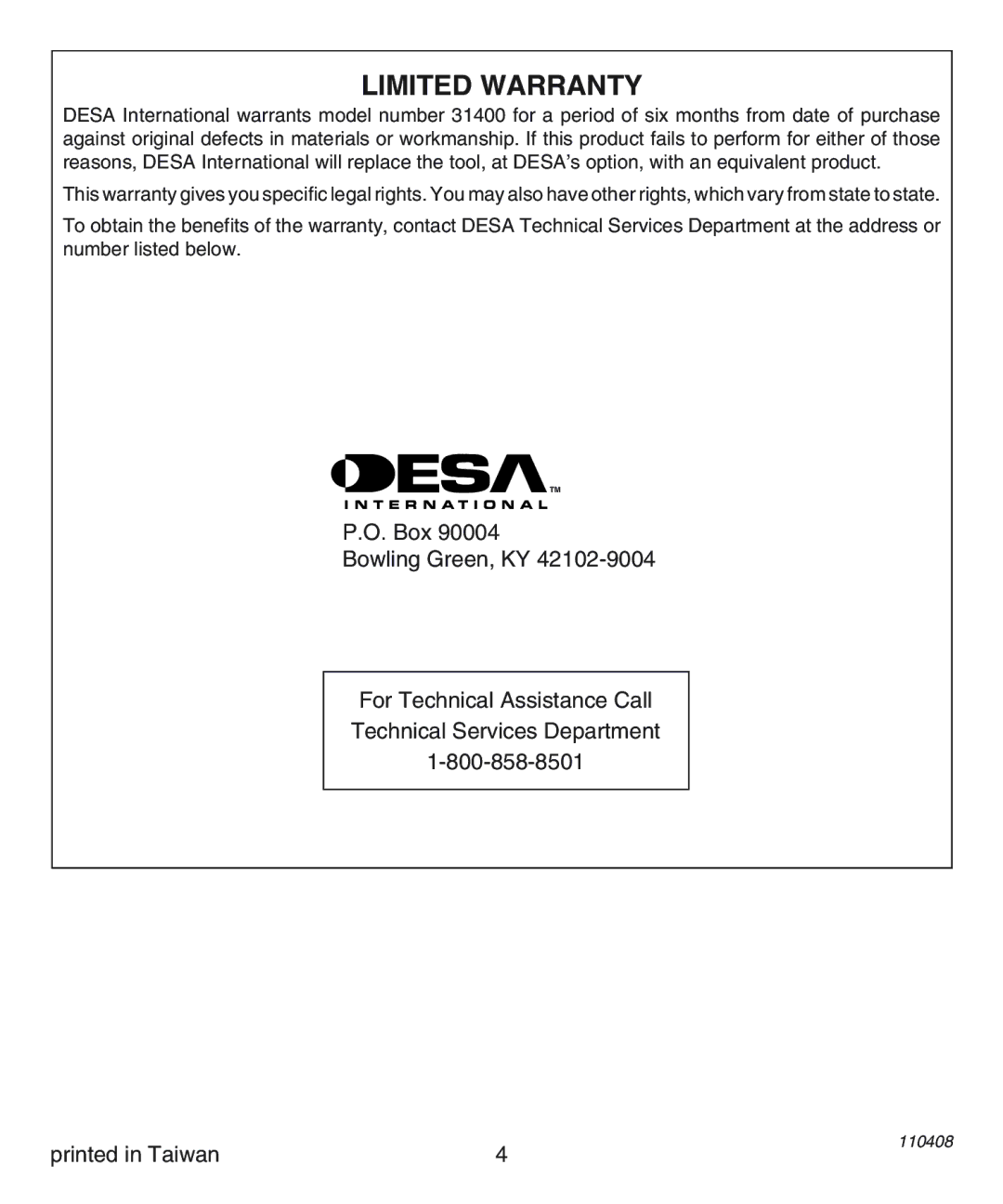 Desa 31400 operating instructions Limited Warranty 