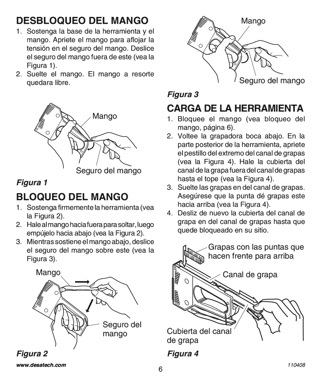 Desa 31400 operating instructions Desbloqueo DEL Mango, Bloqueo DEL Mango, Carga DE LA Herramienta 