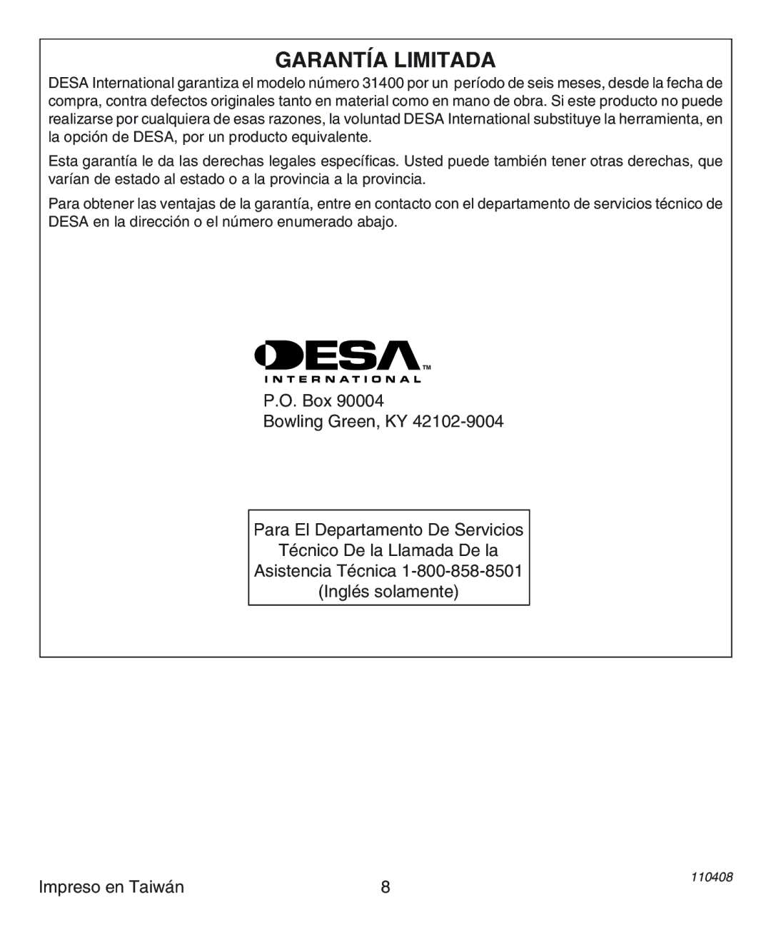 Desa 31400 operating instructions Garantía Limitada 