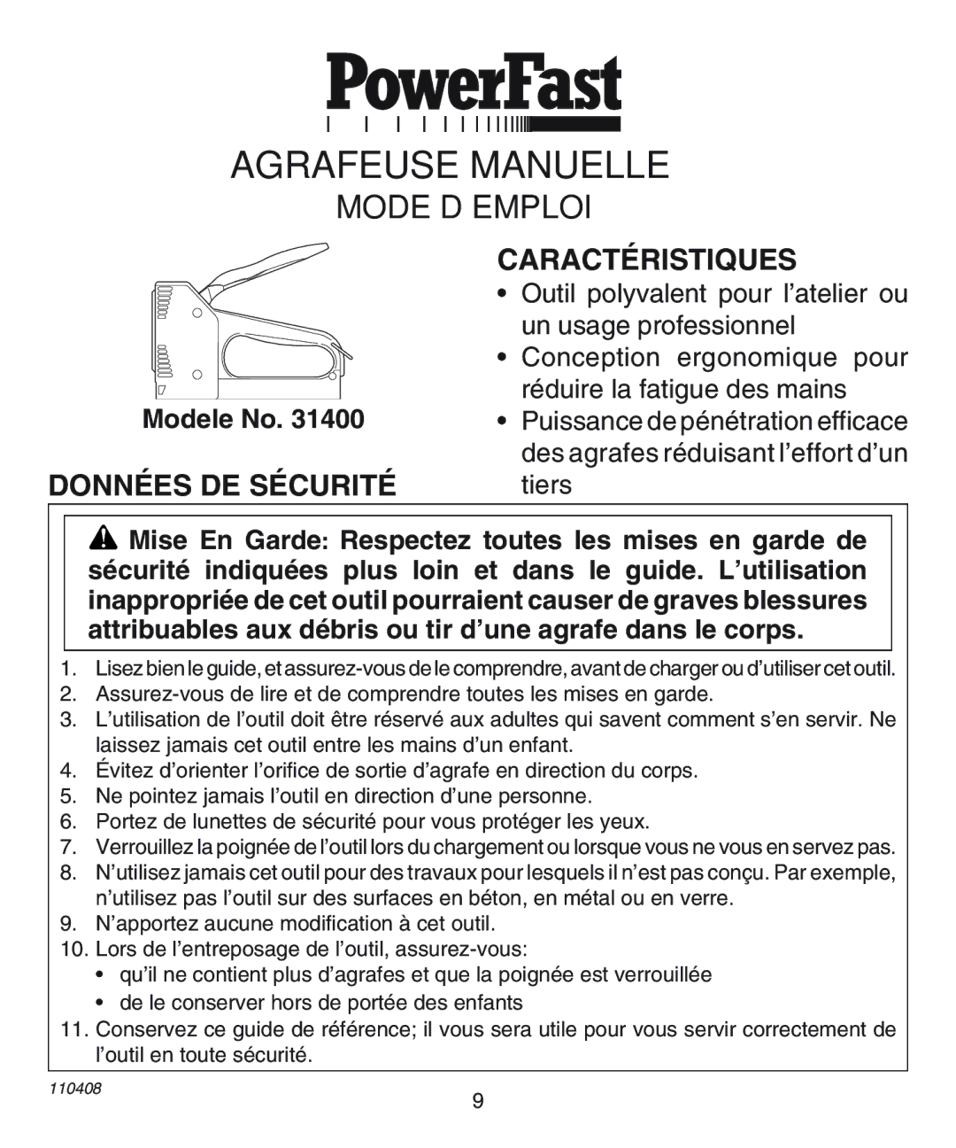 Desa 31400 operating instructions Agrafeuse Manuelle, Données DE Sécurité Caractéristiques 