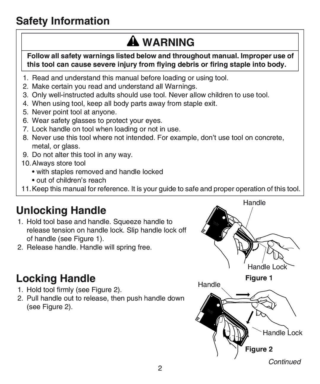 Desa 31100, 31800, 31600 operating instructions Safety Information, Unlocking Handle, Locking Handle 