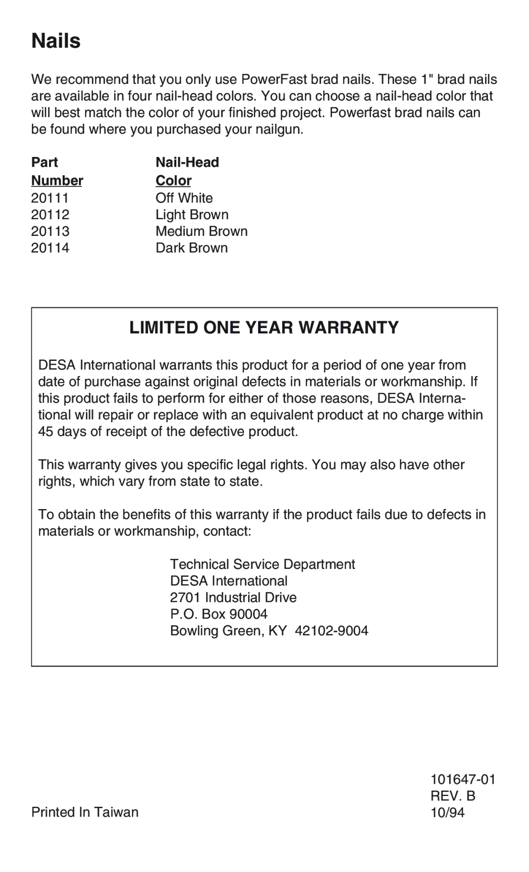 Desa 32003 operating instructions Nails, Limited ONE Year Warranty 