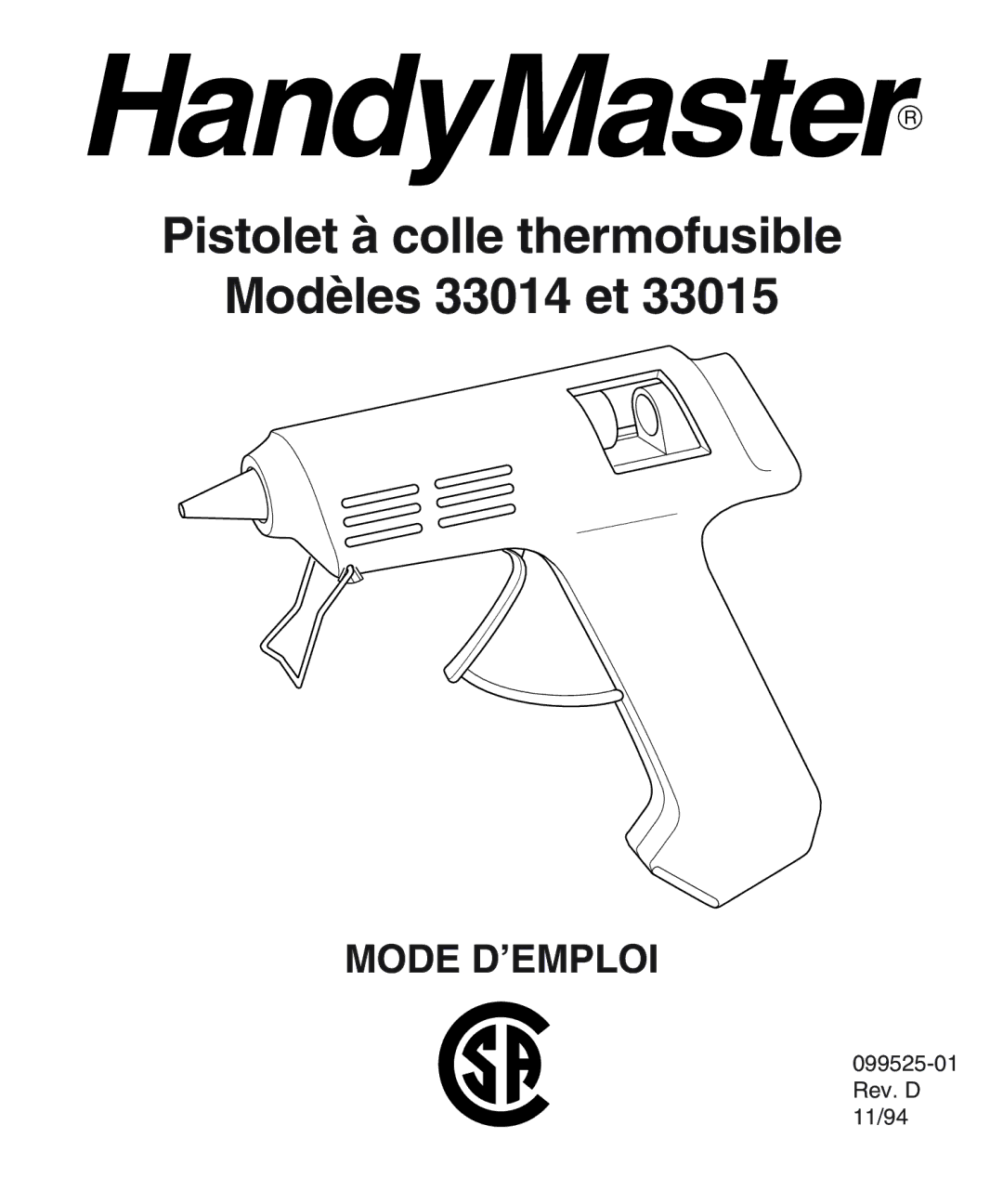 Desa 33015 operating instructions Pistolet à colle thermofusible Modèles 33014 et, Mode D’EMPLOI 