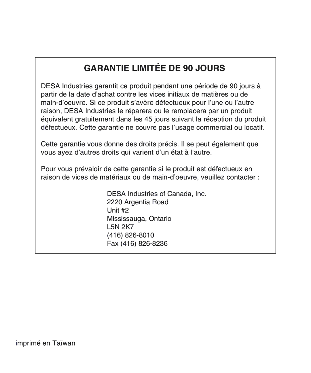 Desa 33015, 33014 operating instructions Garantie Limitée DE 90 Jours 