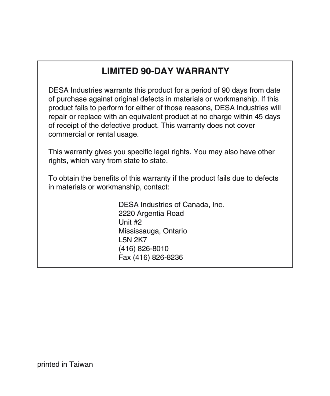 Desa 33015, 33014 operating instructions LIMITED 90-DAY WARRANTY 
