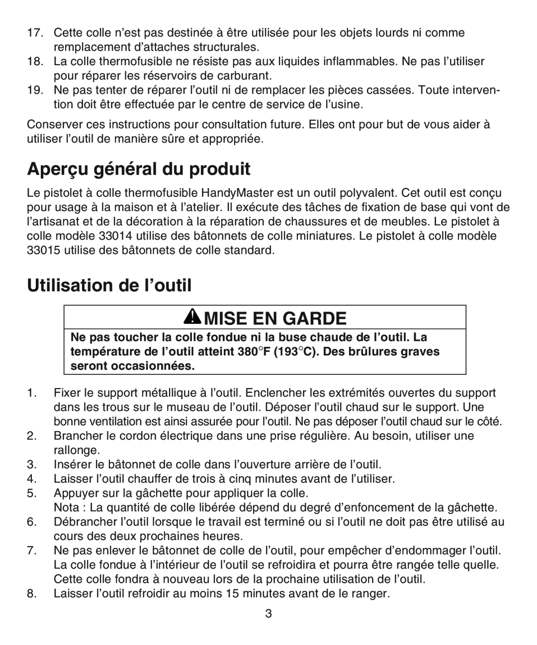 Desa 33014, 33015 operating instructions Aperçu général du produit, Utilisation de l’outil MISE EN GARDE 