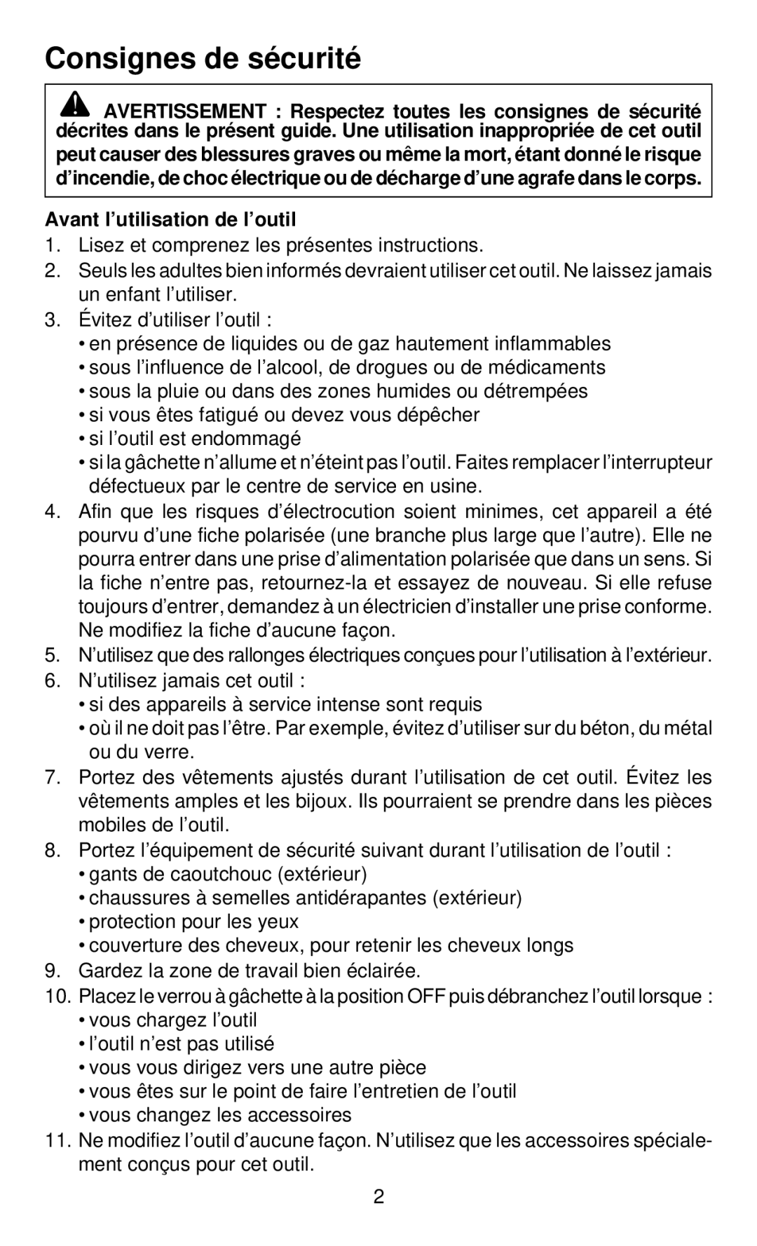 Desa 34310 operating instructions Consignes de sécurité, Avant l’utilisation de l’outil 