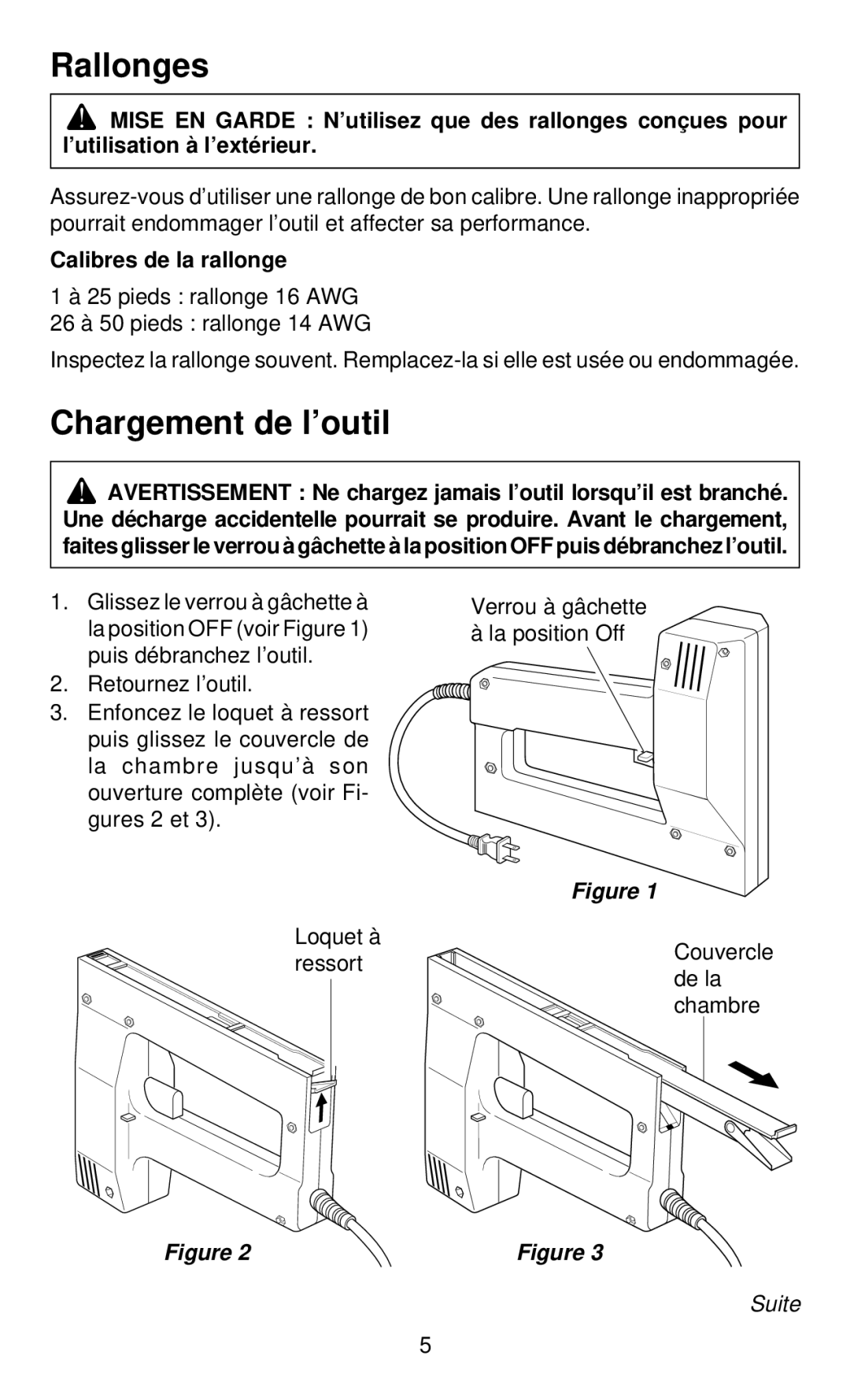 Desa 34310 operating instructions Rallonges, Chargement de l’outil, Calibres de la rallonge 