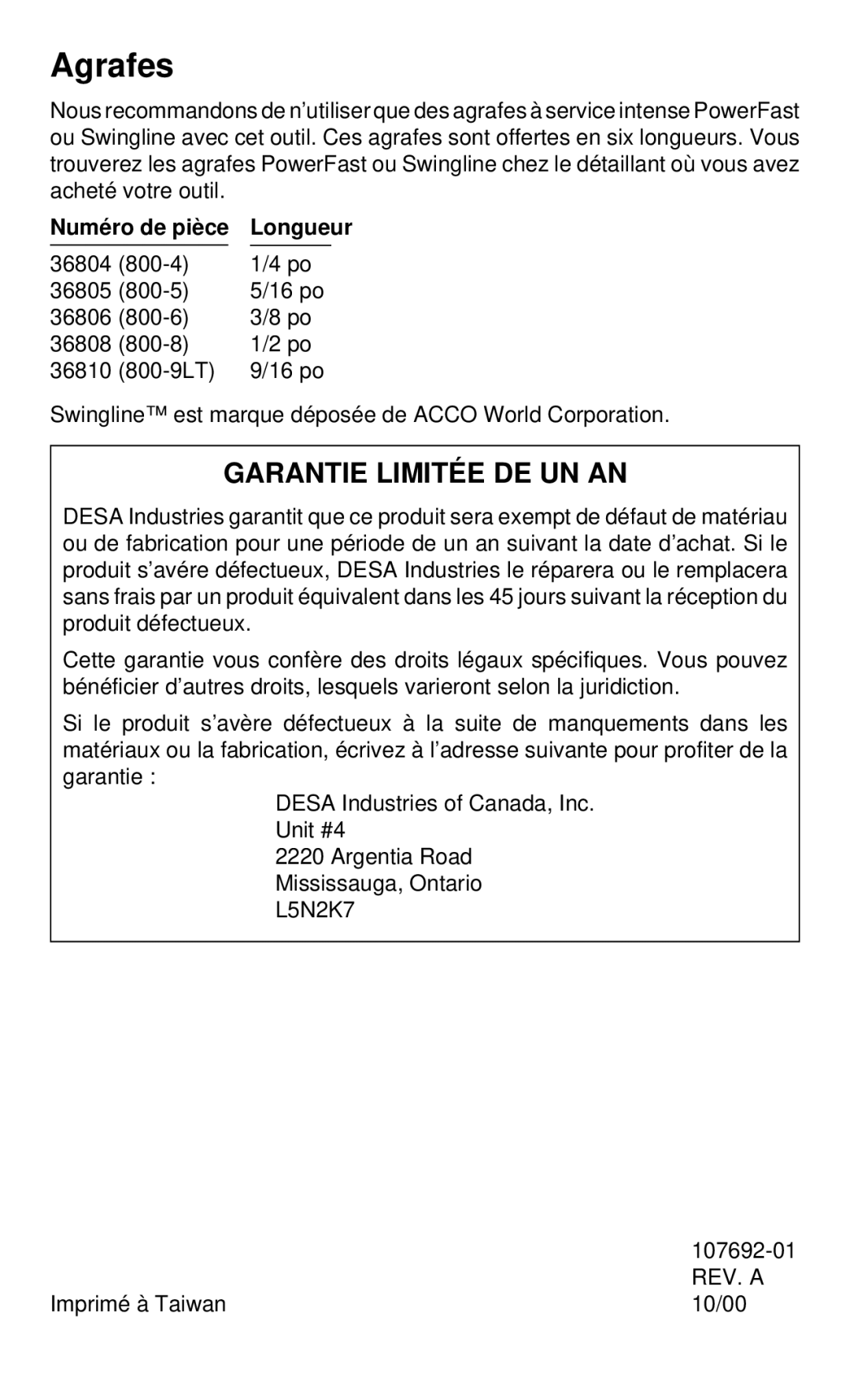 Desa 34310 operating instructions Agrafes, Garantie Limitée DE UN AN 