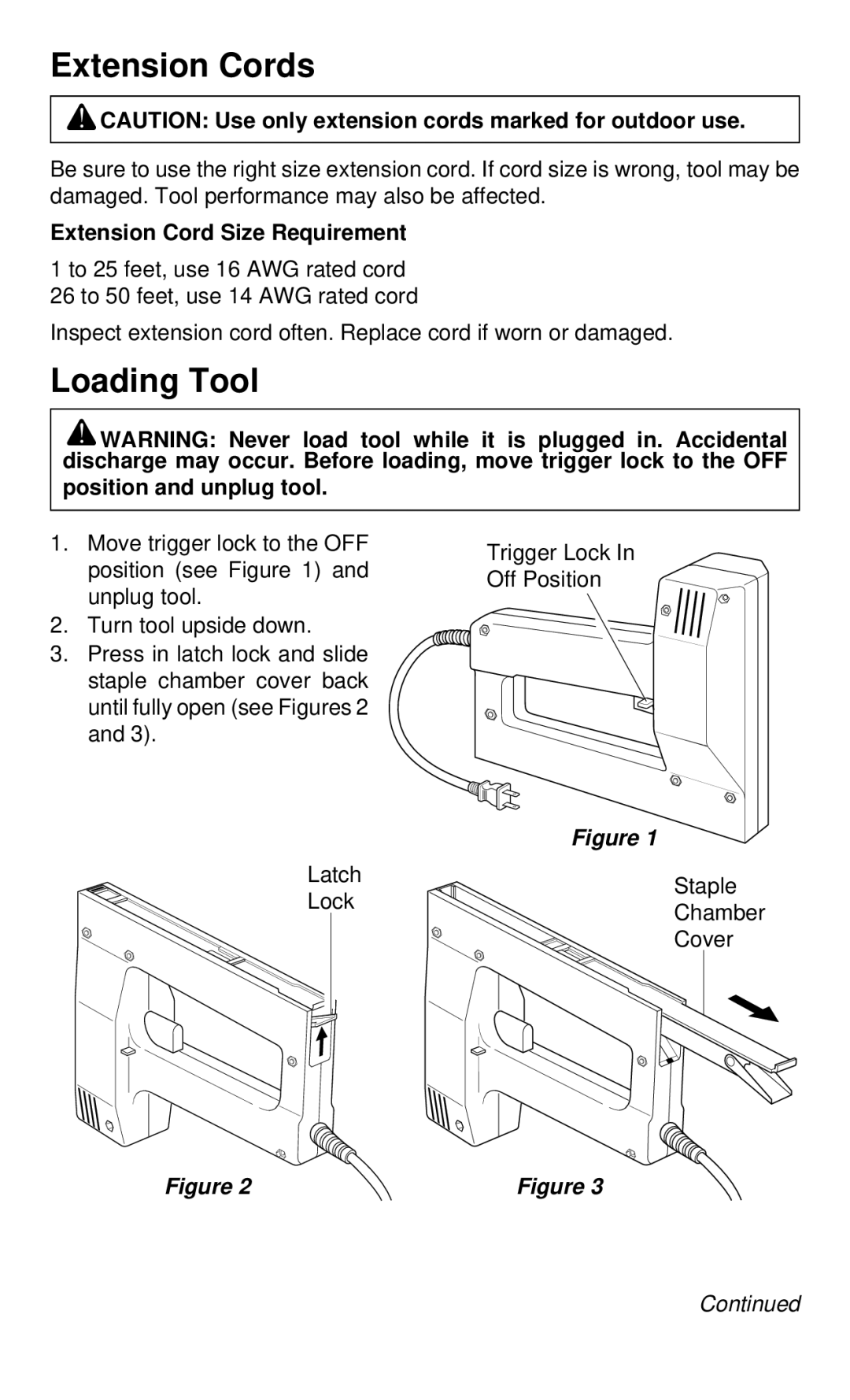 Desa 34310 operating instructions Extension Cords, Loading Tool, Extension Cord Size Requirement, Position and unplug tool 