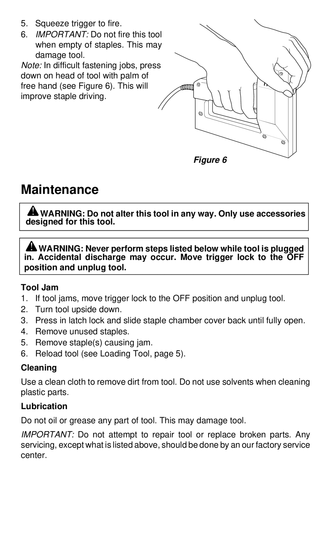 Desa 34310 operating instructions Maintenance, Tool Jam, Cleaning, Lubrication 