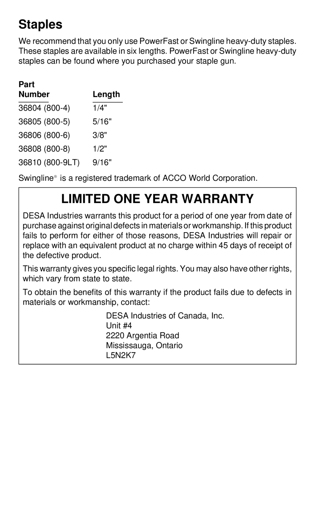 Desa 34310 operating instructions Staples, Part Number Length 