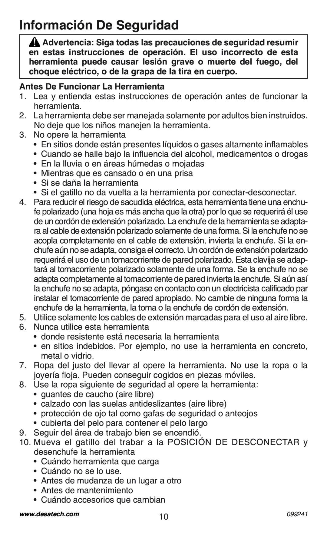 Desa 34392 operating instructions Información De Seguridad, Antes De Funcionar La Herramienta 