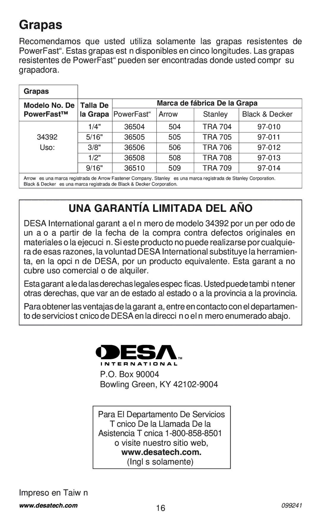 Desa 34392 operating instructions Grapas, UNA Garantía Limitada DEL AÑO 