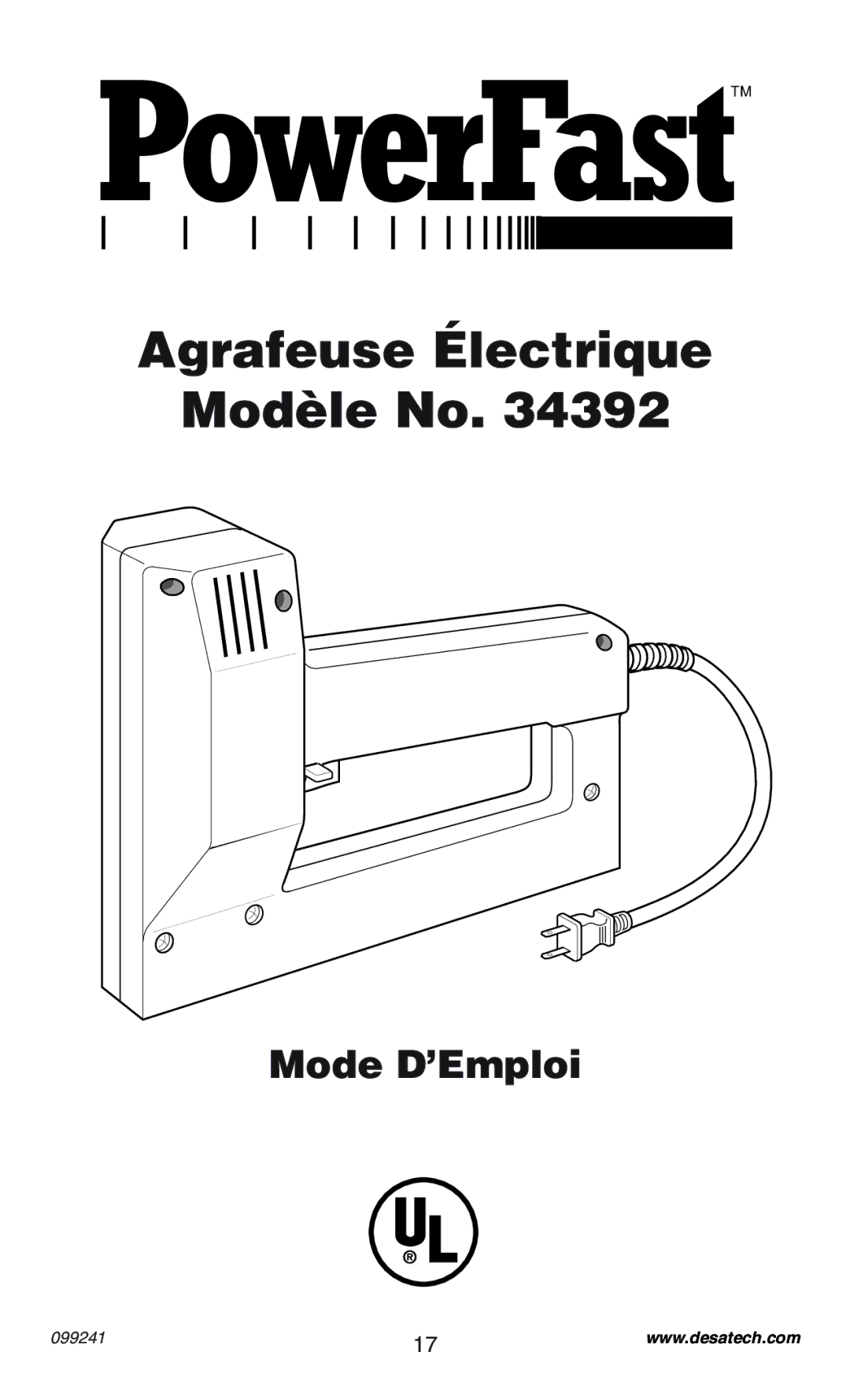 Desa 34392 operating instructions Agrafeuse Électrique Modèle No 