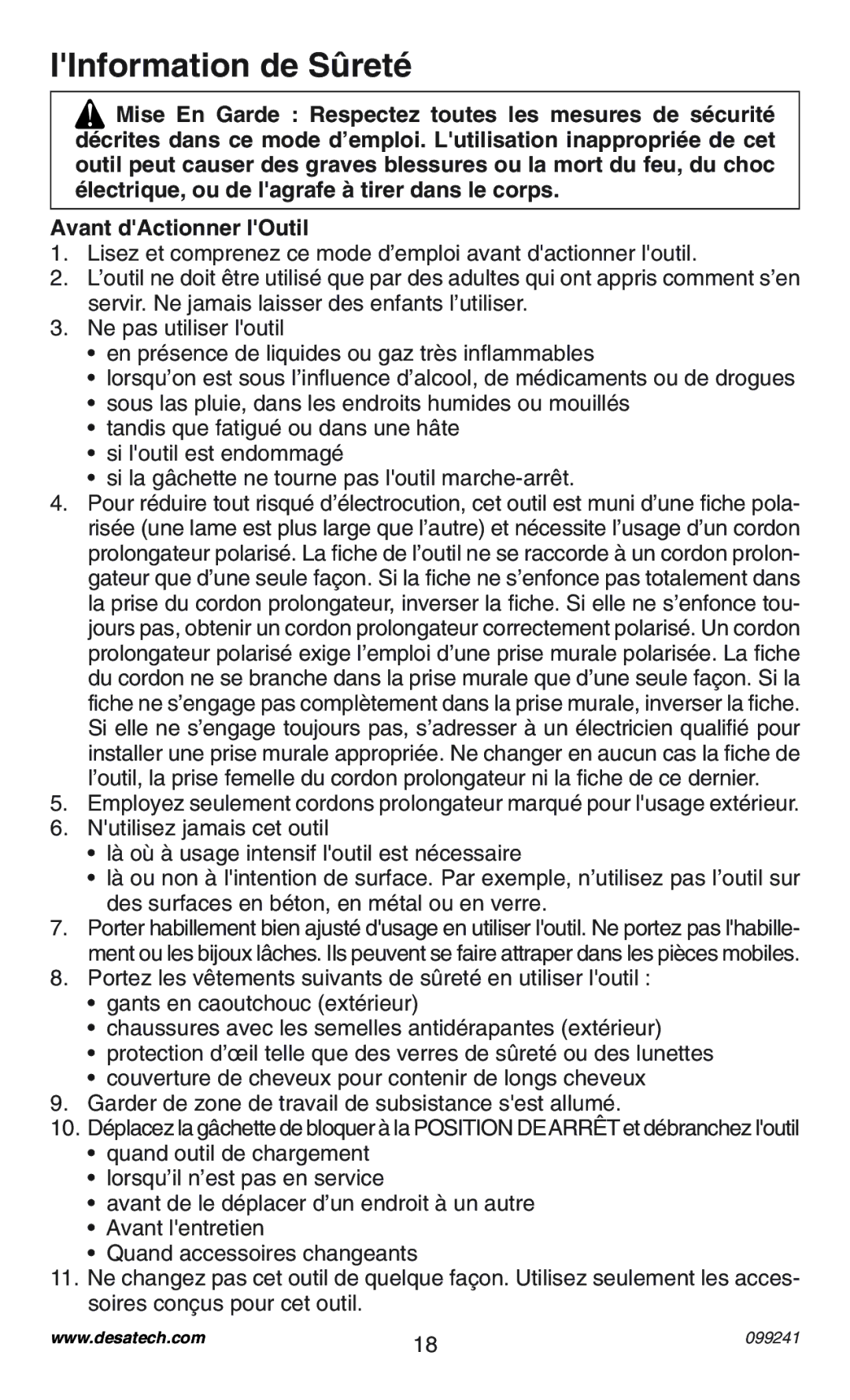 Desa 34392 operating instructions LInformation de Sûreté, Avant dActionner lOutil 