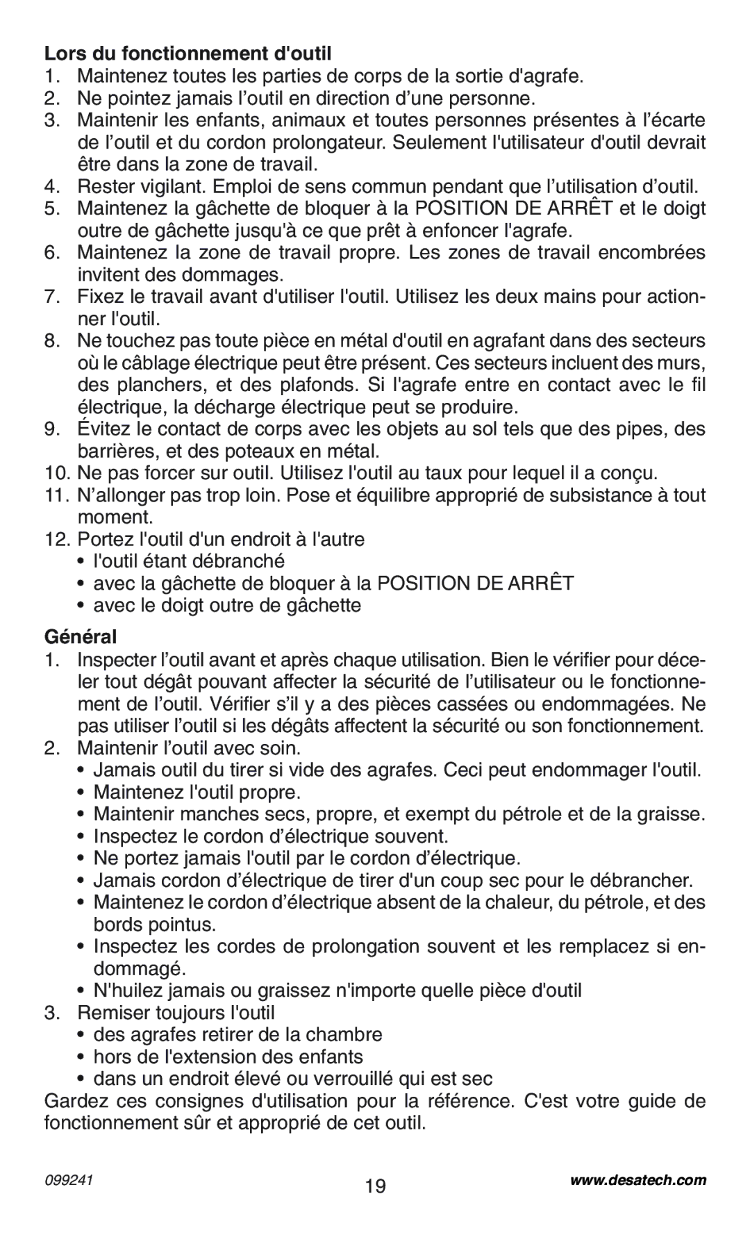 Desa 34392 operating instructions Lors du fonctionnement doutil, Général 