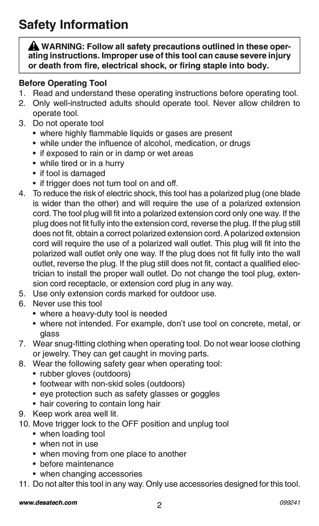 Desa 34392 operating instructions Safety Information, Before Operating Tool 