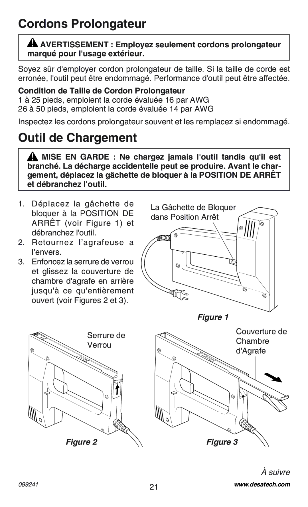 Desa 34392 operating instructions Cordons Prolongateur, Outil de Chargement, Condition de Taille de Cordon Prolongateur 