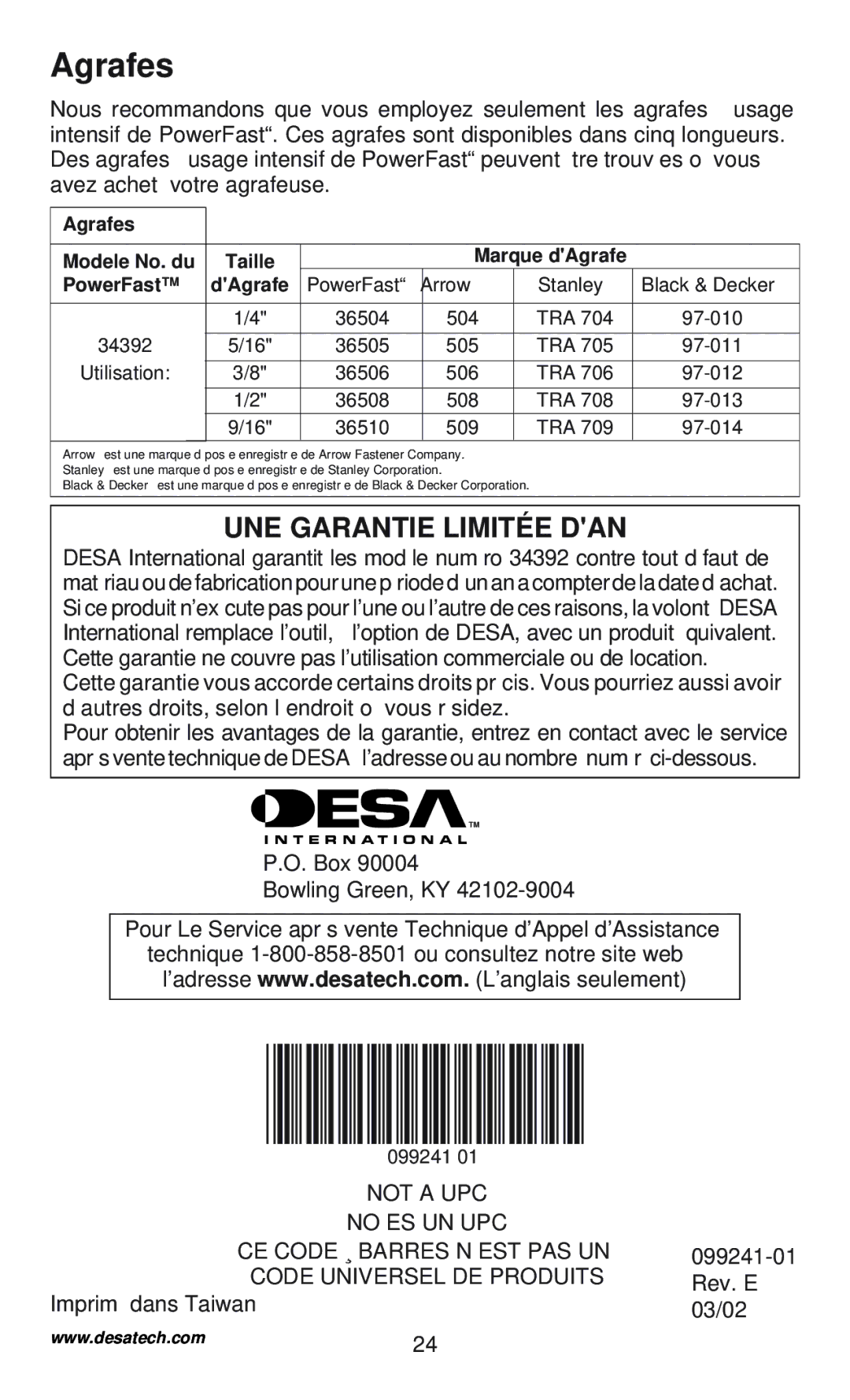 Desa 34392 operating instructions Agrafes, UNE Garantie Limitée DAN 