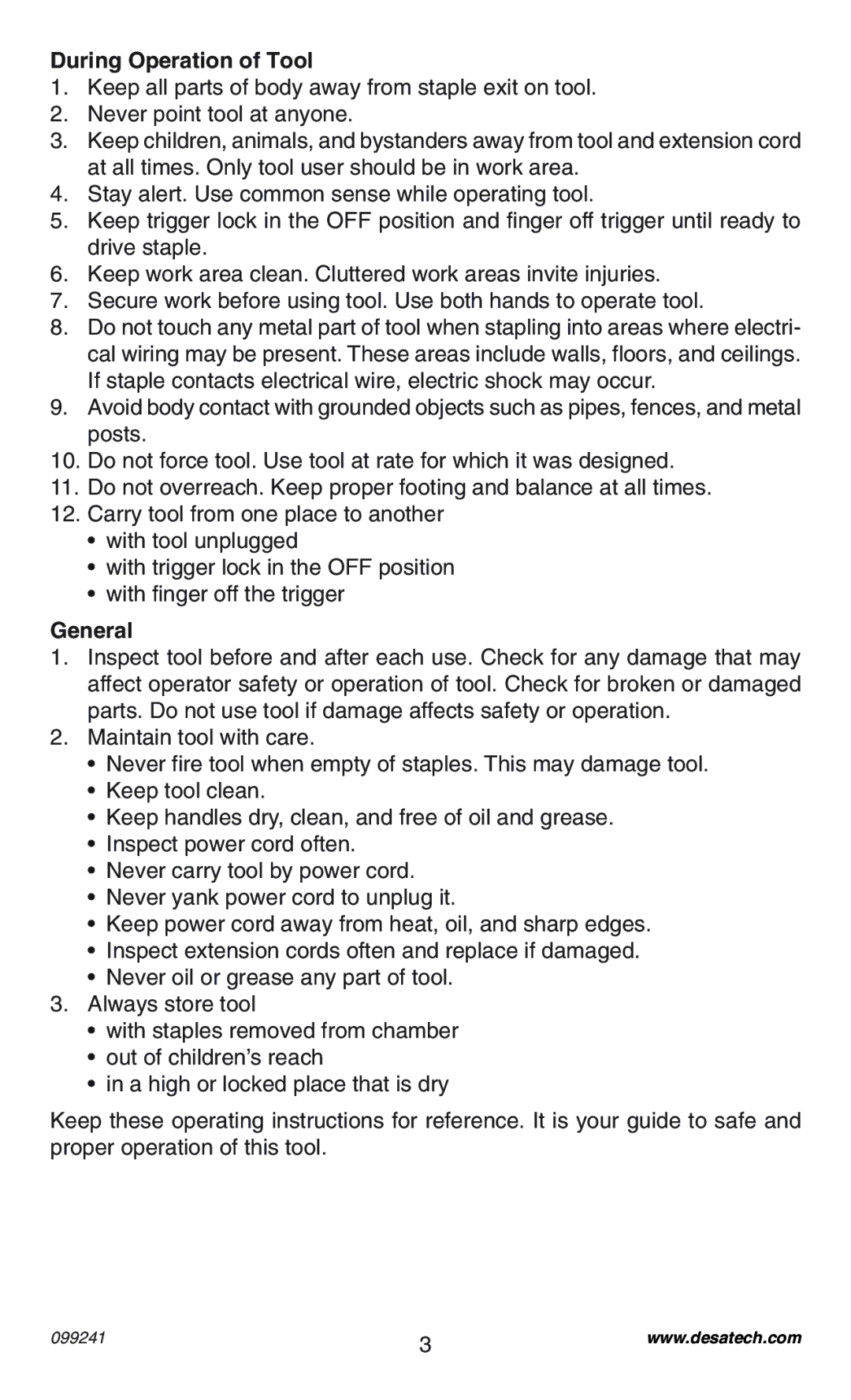 Desa 34392 operating instructions During Operation of Tool, General 