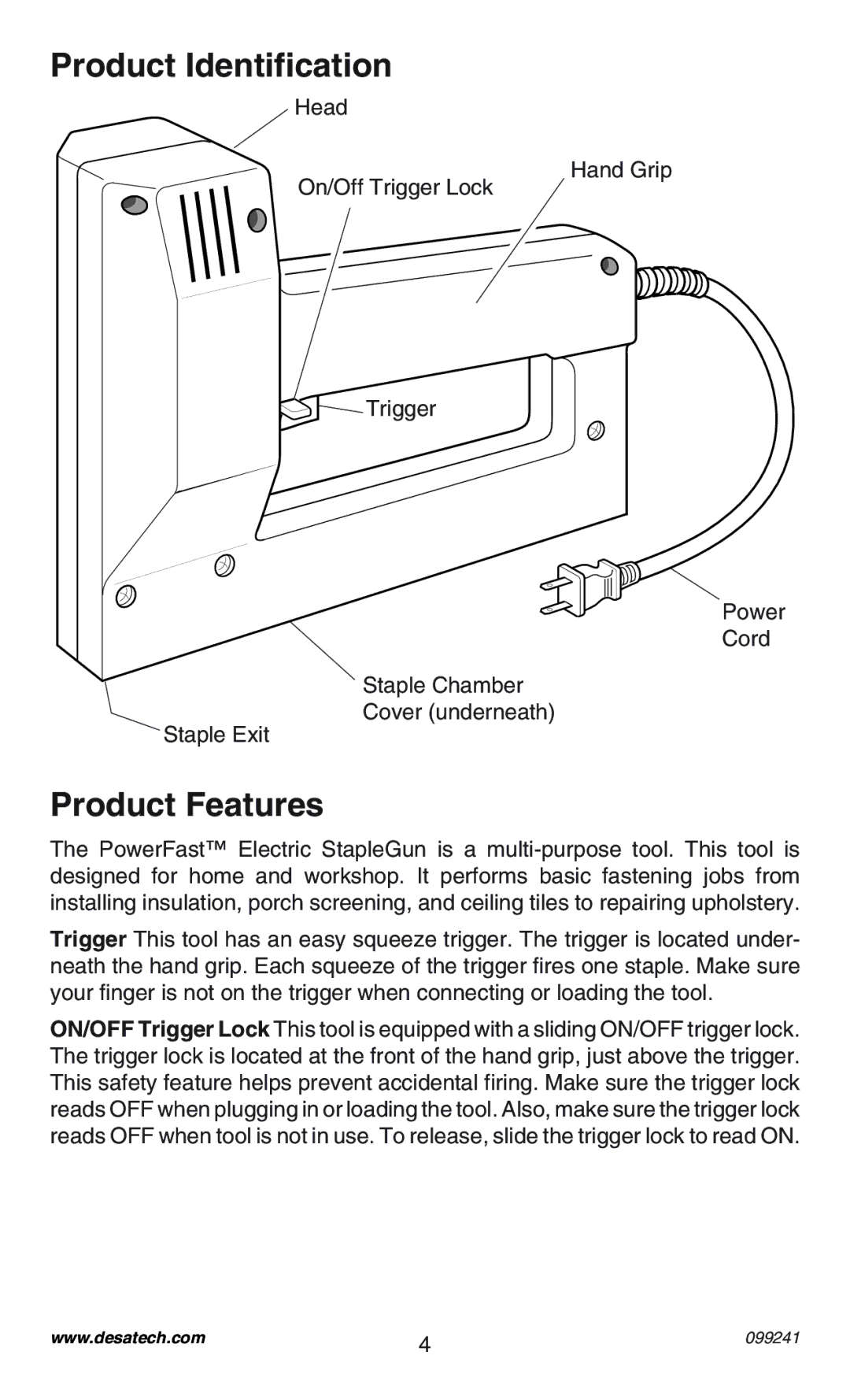 Desa 34392 operating instructions Product Identification, Product Features 