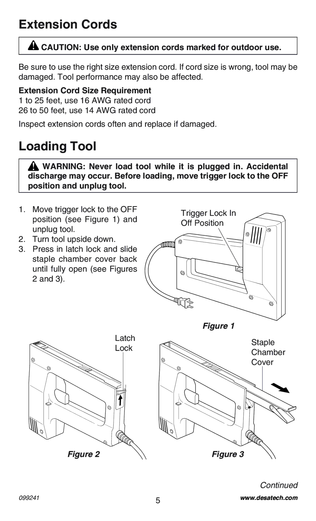 Desa 34392 operating instructions Extension Cords, Loading Tool 