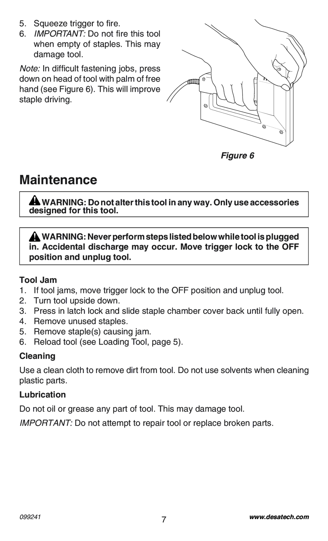 Desa 34392 operating instructions Maintenance, Tool Jam, Cleaning, Lubrication 