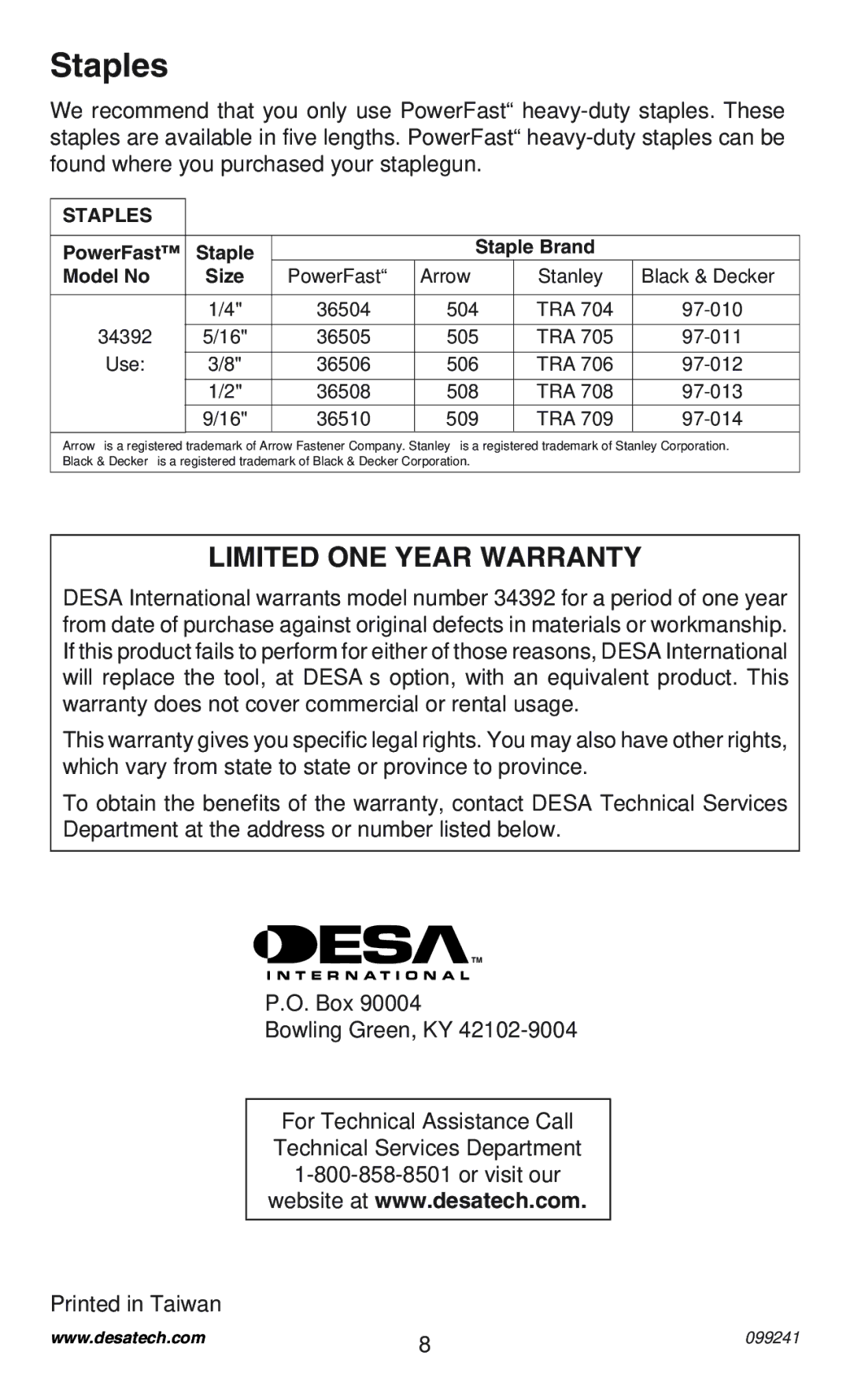 Desa 34392 operating instructions Staples 