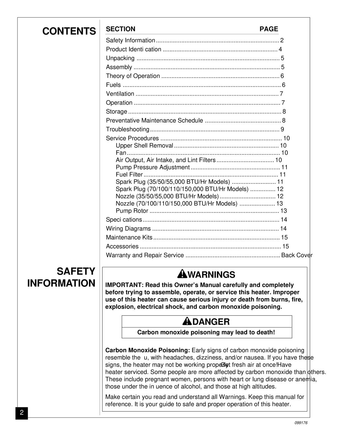 Desa 000 BTU/Hr ARL, 35, 110, 000 50, 000 55, 000 70, 150, 100 owner manual Contents 