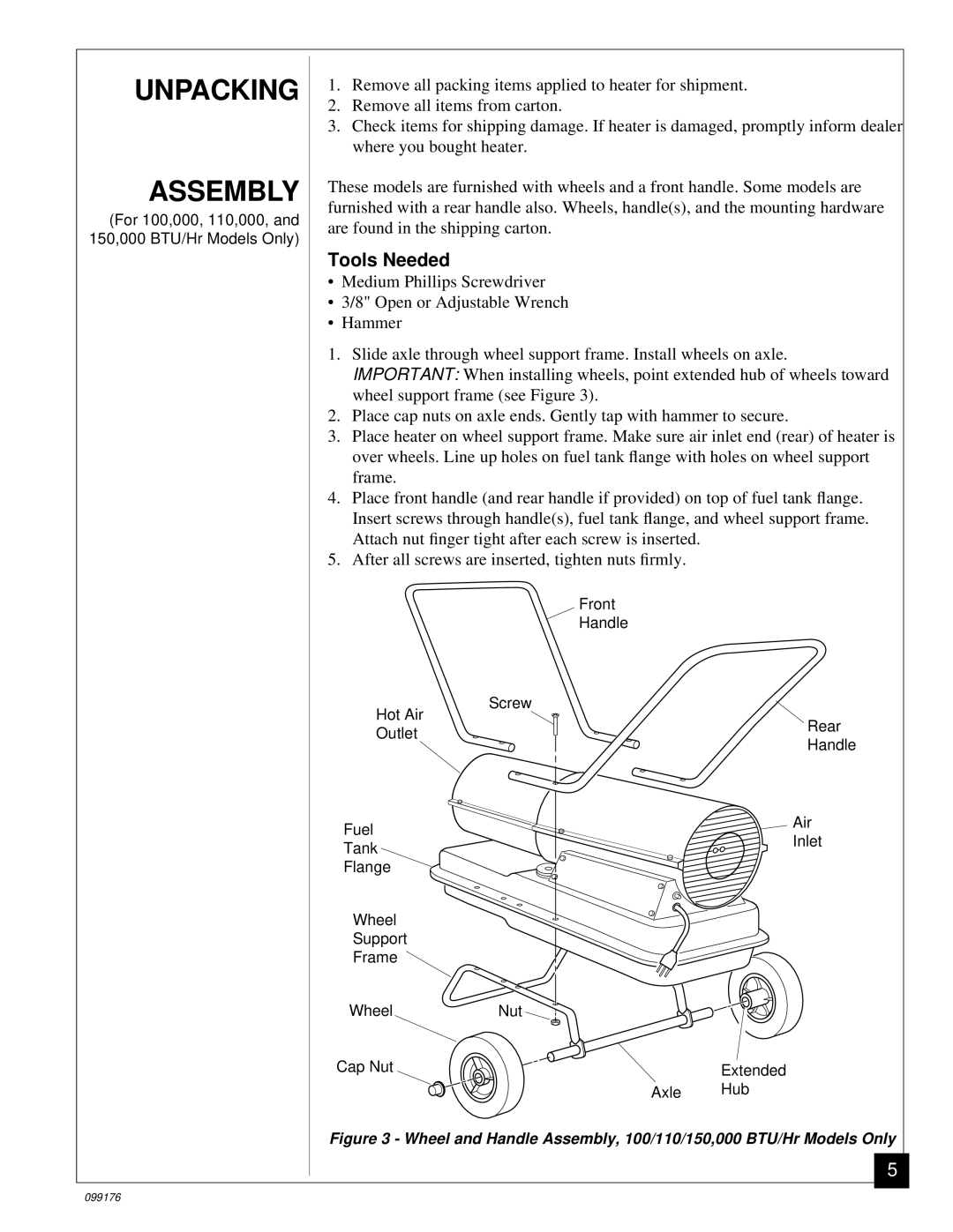 Desa 35, 110, 000 BTU/Hr ARL, 000 50, 000 55, 000 70, 150, 100 owner manual Unpacking Assembly, Tools Needed 