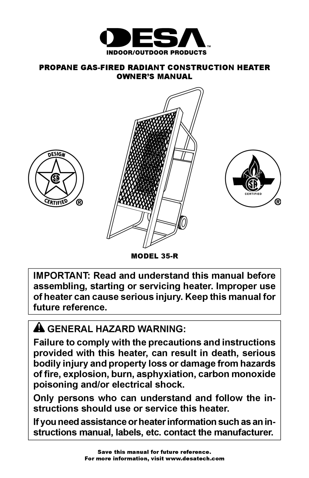 Desa owner manual General Hazard Warning, Model 35-R 