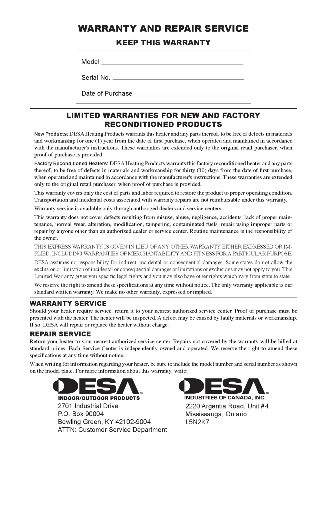 Desa 35-R owner manual Warranty and Repair Service, Keep this Warranty 